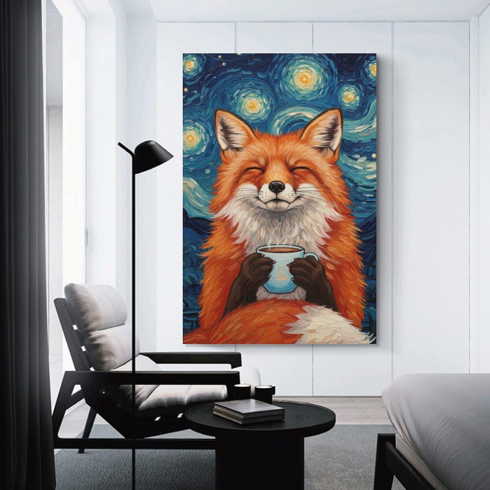 Junmoney Fox Enjoying Coffee Under Starry Night Wall Art Print, 08x12inch(20x30cm), for Living Spaces, Bedrooms Or Relaxed Rooms, Decorative Artwork for Empty Walls