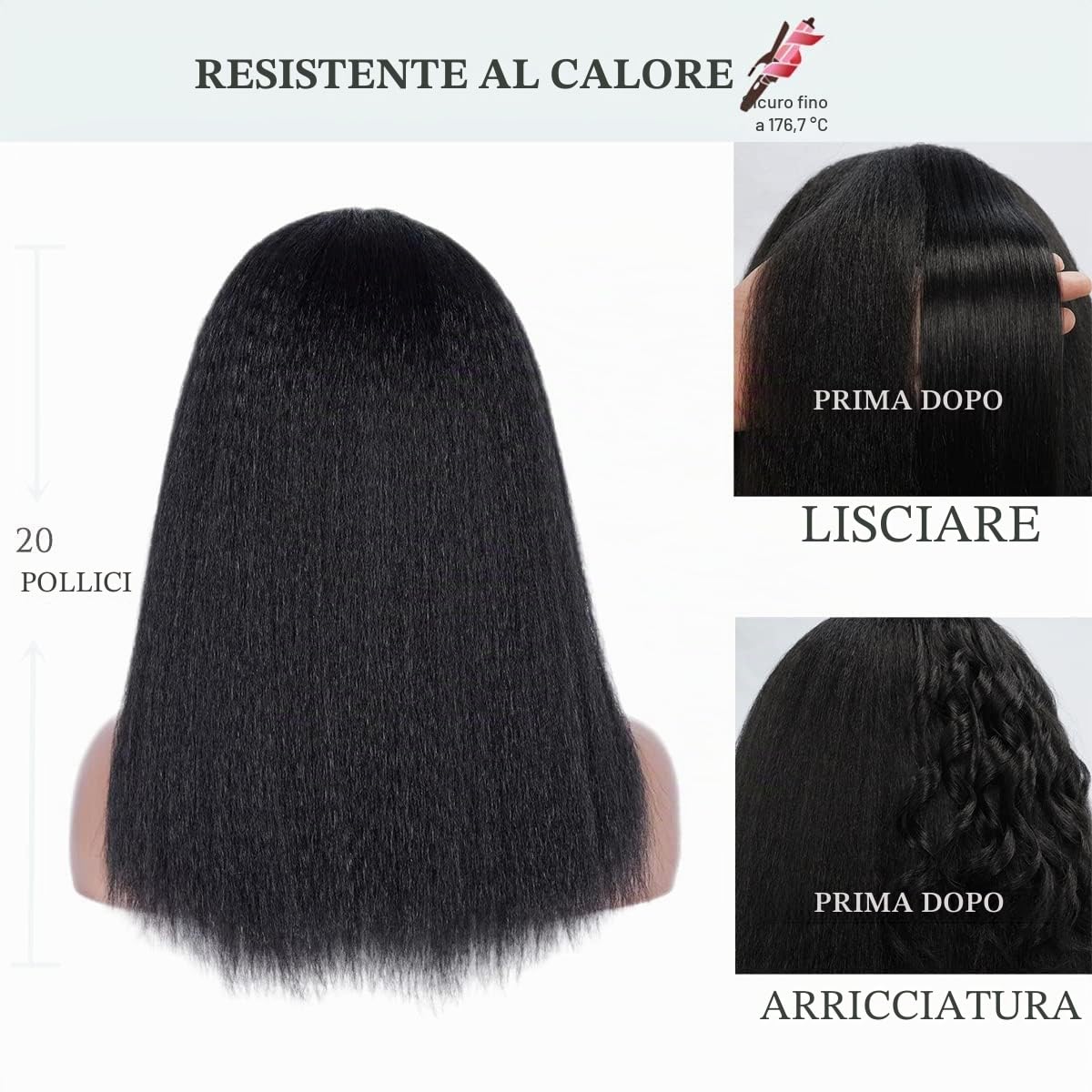 Parrucca Fascia Capelli Donna Brasiliana Yaki No Lace Frontale Headband Wigs Parrucche Dei Capelli Umani Per Le Donne Donne Nere Colore Naturale 180% Densità 12 Pollici Kinky dritto Half Black Wig
