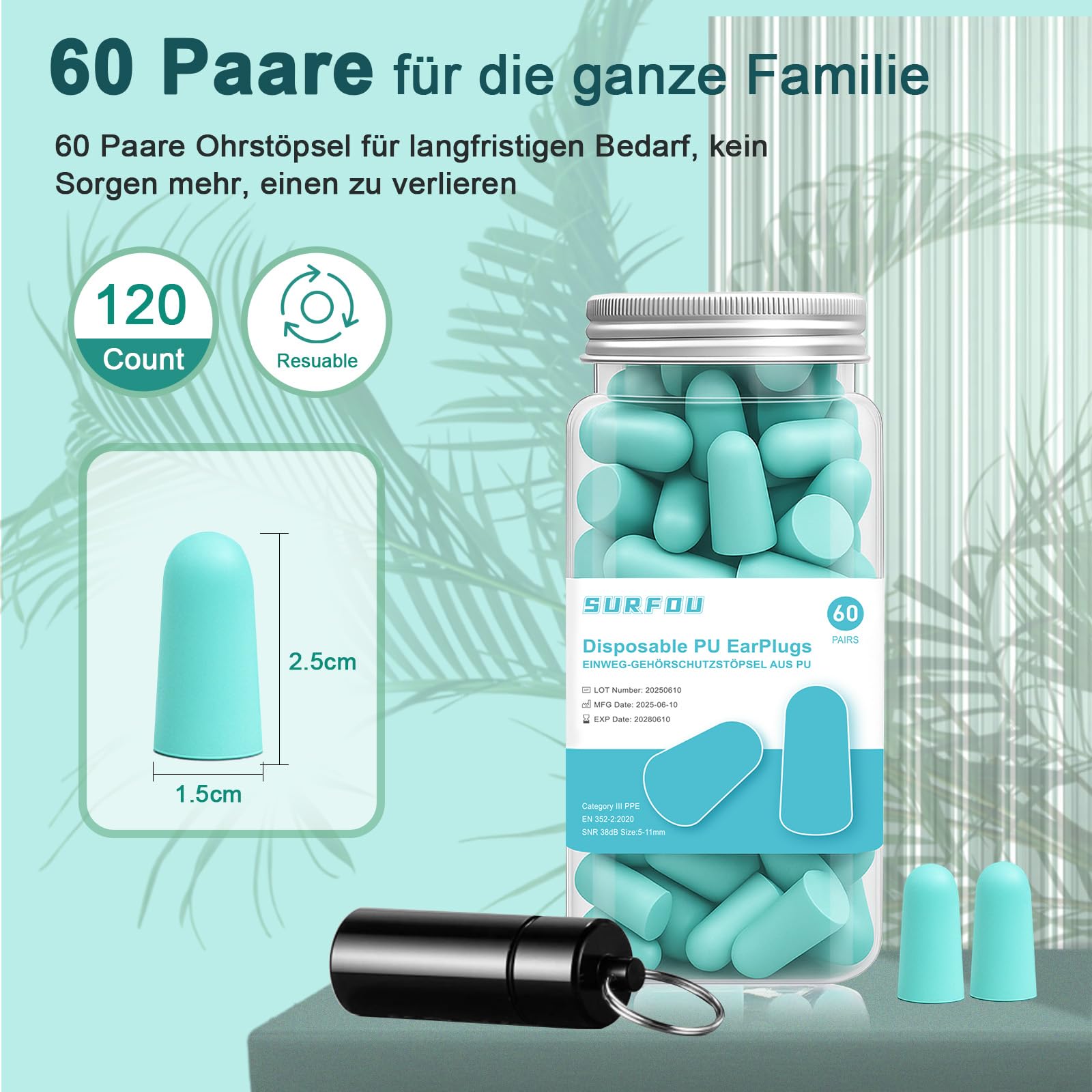 SURFOU Zatyczki do Uszu do Spania, 60 Par, Redukcja Hałasu 38 dB, Wielokrotnego Użytku i Ekologiczne, Wygodne dla Śpiących na Boku, Idealne na Podróże, Do Domu i Nauki, Niebiesko-zielony