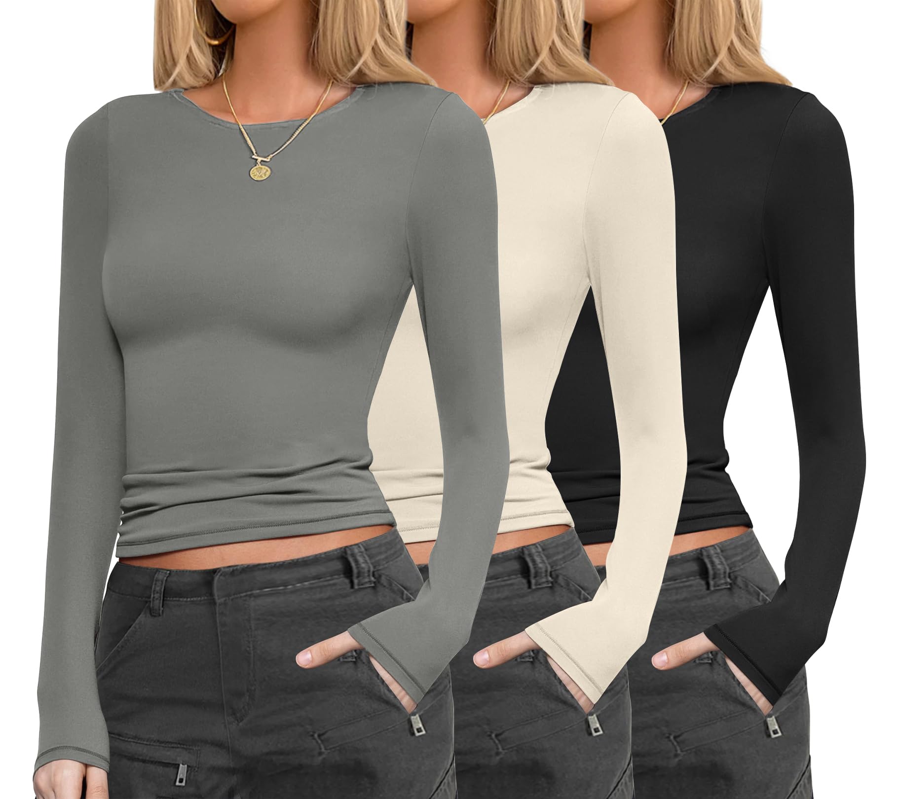 Ekouaer Womens 3 Pack Long Sleeve Shirts Fitted Tops Underscrub Undershirt
