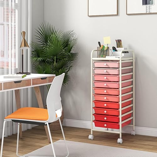 Miniatura 4 de Giantex Carrito de almacenamiento de 10 cajones con rueda universal, carrito rodante con asa, unidad de almacenamiento organizadora para el hogar