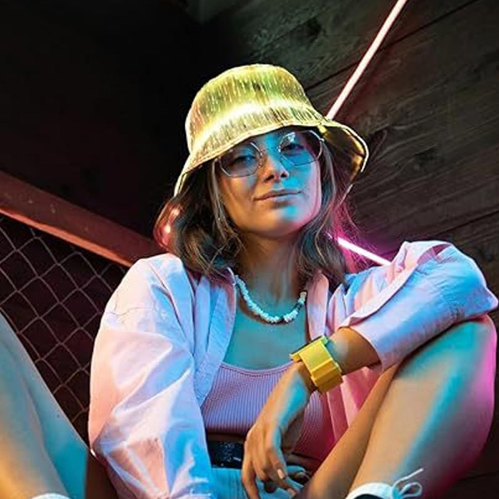 Cappello Illuminato a Fibra Ottica con modalità Lampeggianti Regolabili per Feste Festival Cappello a Secchiello a LED per spettacoli in Discoteca Accessorio per Festival Musicali