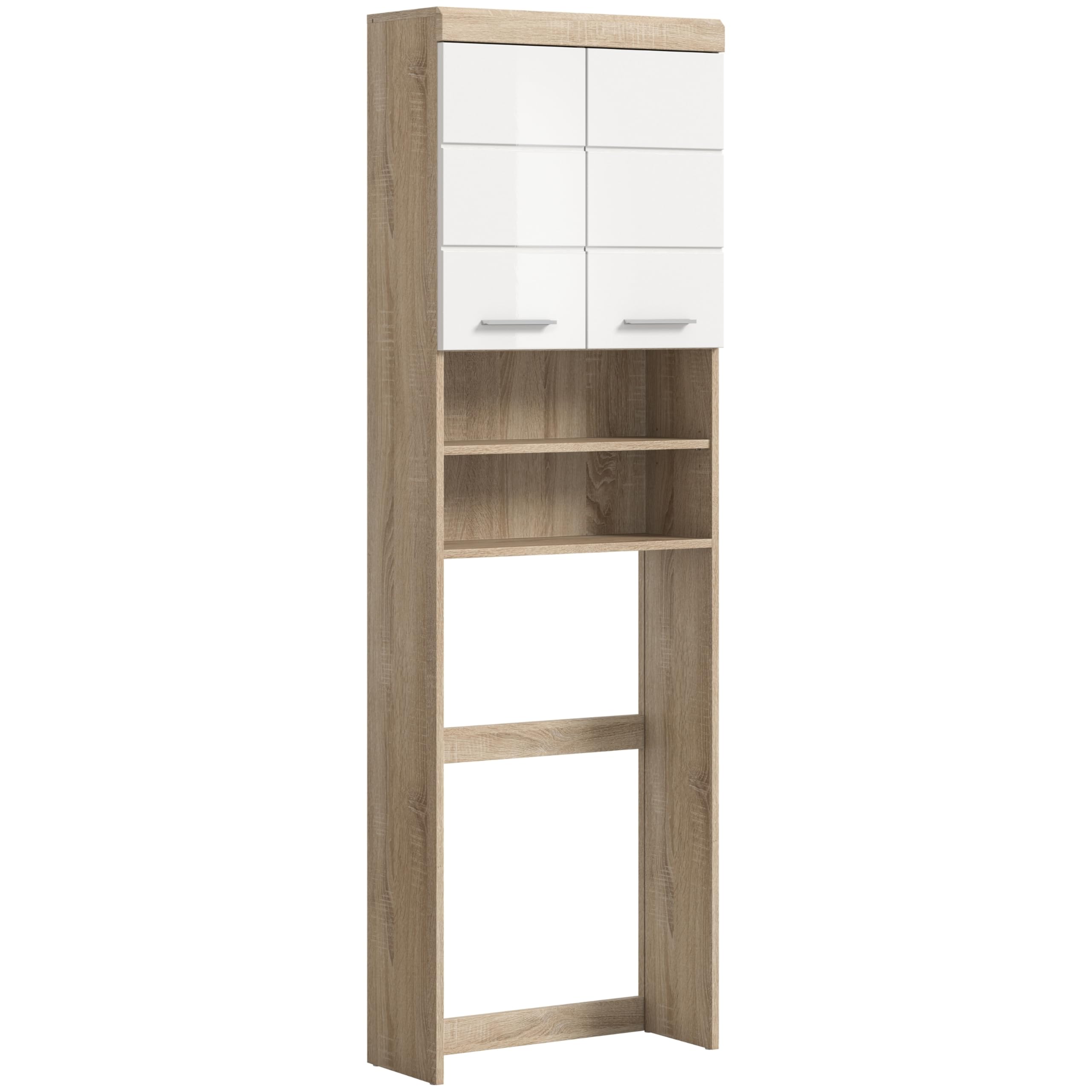 Waschmaschinenüberbau Scott, weiße Hochglanz Front, 2 offene Fächer, 2 Türen, Waschmaschinenschrank mit 3 verstellbaren Einlegeböden, Breite 63 cm, Korpus Sonoma Eiche