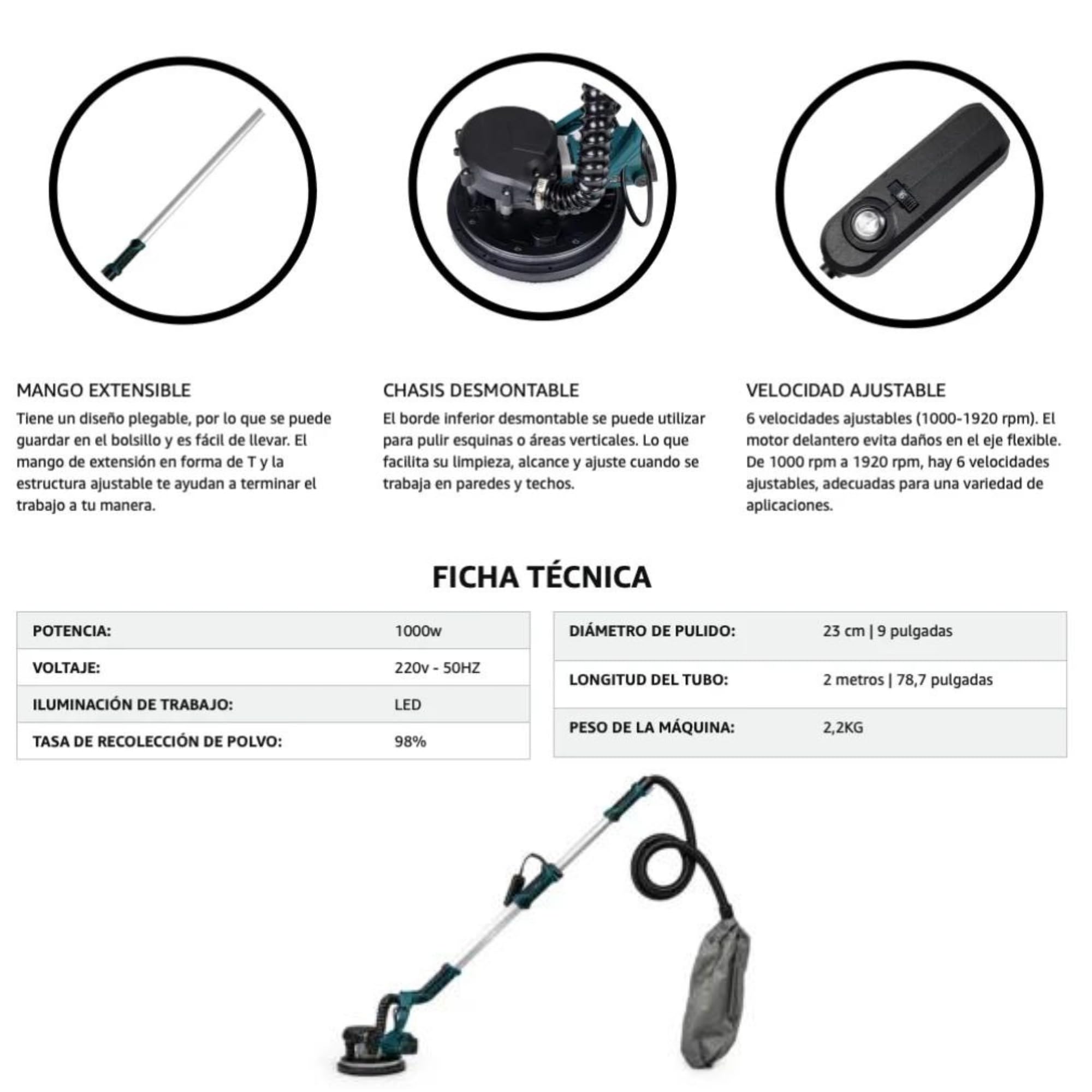 Lijadora Pared Telescópica (1000W), Lijadora de Pared Plegable, Lijadora Jirafa 1000-1920RPM, Diámetro del Disco Lijador, Motor Totalmente de Cobre, Velocidades Ajustables, Luz LED