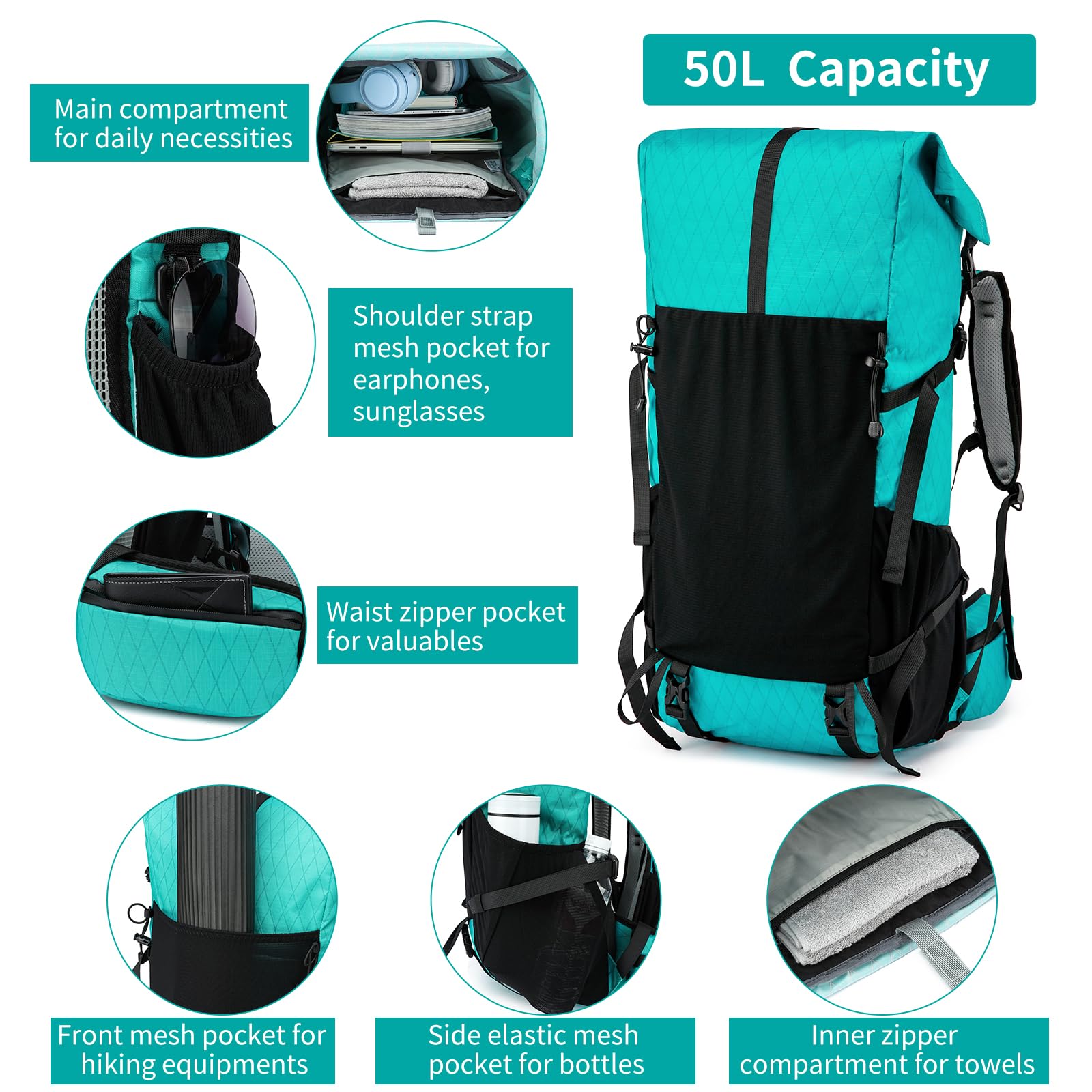 Mochila de senderismo, X-PAC mejorada ligera, de gran capacidad, bolsa de senderismo apta para escalada de montaña, camping