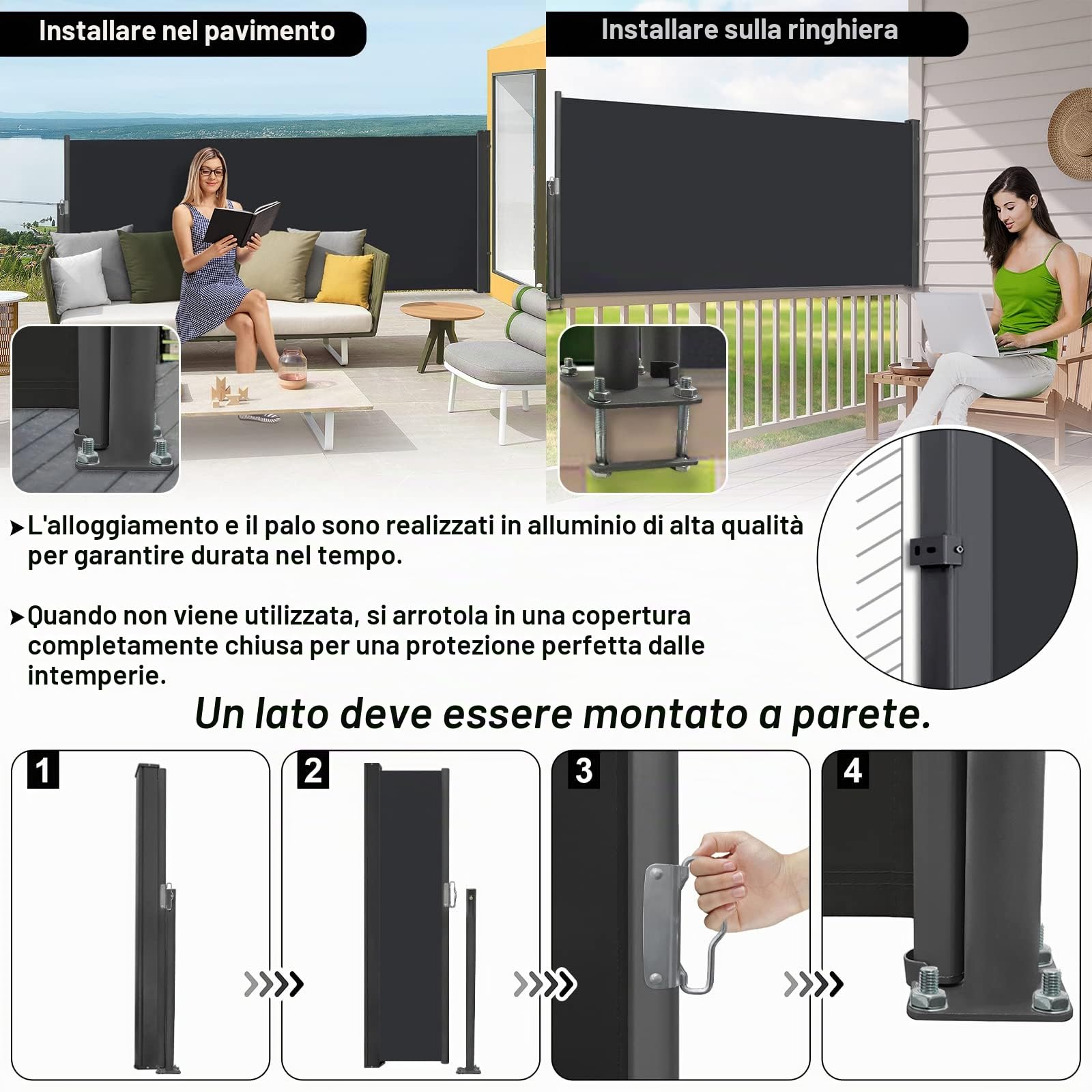 UISEBRT Tenda da sole laterale estensibile, 100 x 300 cm, per balcone, tenda da sole, protezione dal vento per terrazza, balcone, giardino, antracite
