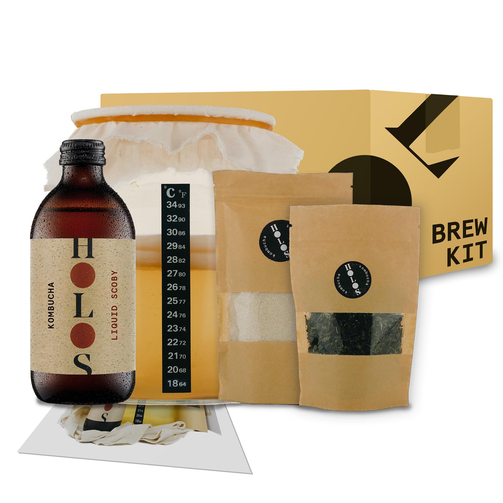 HOLOS Kombucha Starter Kit - Home Brew Kit with Liquid SCOBY Kombucha Starter - HOLOS Signature Tea, Sugar and SCOBY Pack for Home Brew - Foodie Gift Ideas