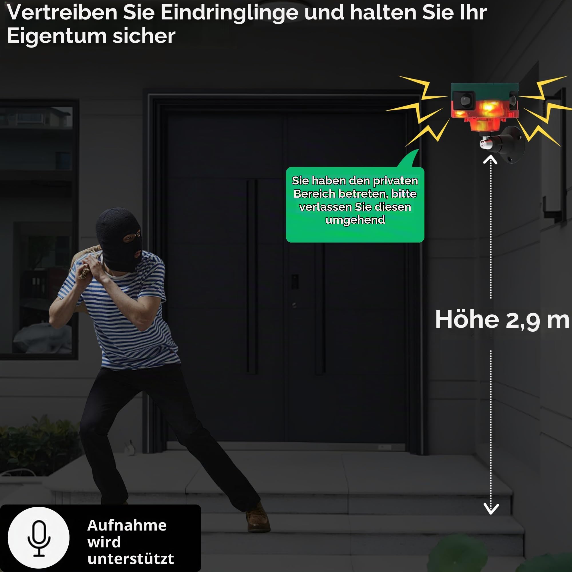 Solar-Bewegungsmelder-Alarm für draußen – Verbesserter 360°-Bewegungsmelder-Alarm, 129 dB Laute Sirene, 13 Arten von Geräuschen, Bewegungsmelder für bellende Hunde, unterstützt Aufnahme (2 Pack)