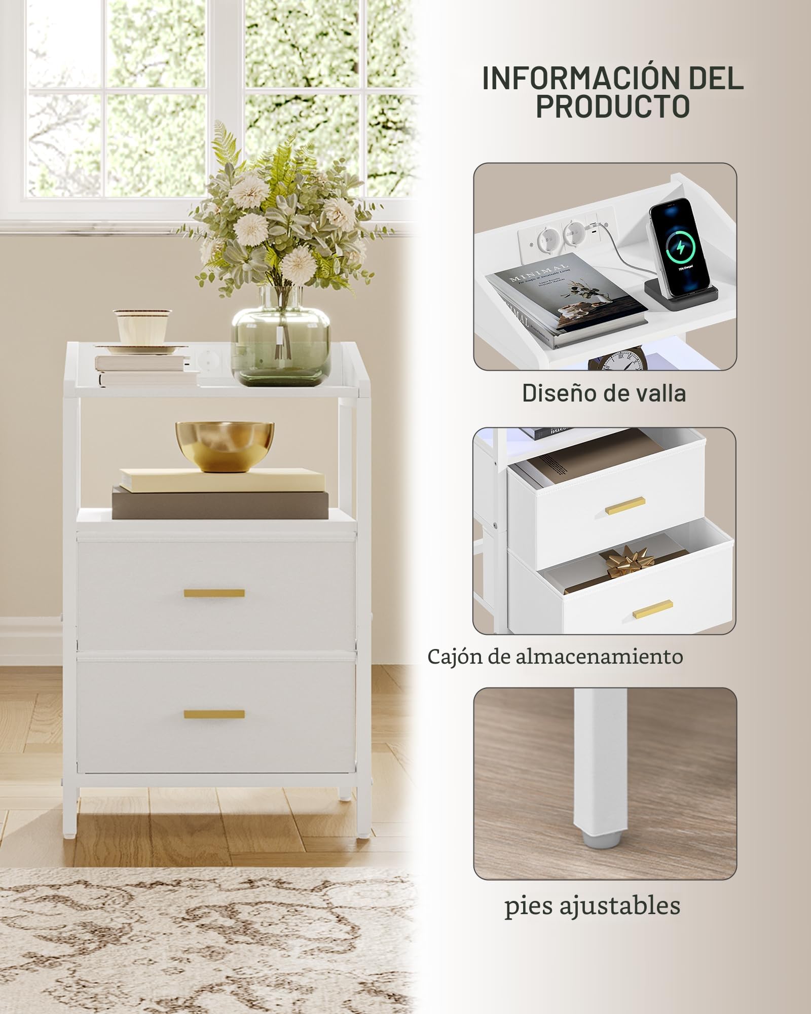 Hzuaneri Mesita de Noche Juego de 2, con Luces LED y Estación de Carga, Mesa Auxiliar Moderna con Puertos USB y Tomas de Corriente, con Estante Abierto para Dormitorio, Blanco NS36213W
