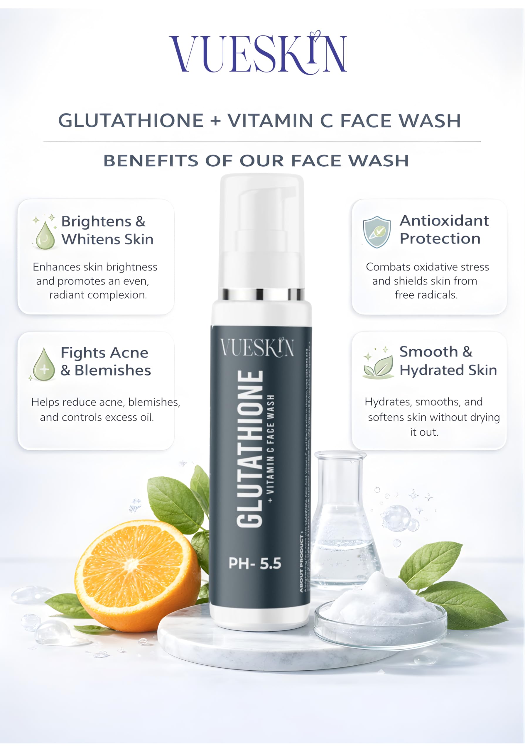 VUESKIN Glutathione & Vitamin C Brightening Face Wash – Gentle Daily Cleanser for Glowing Skin Beauty
