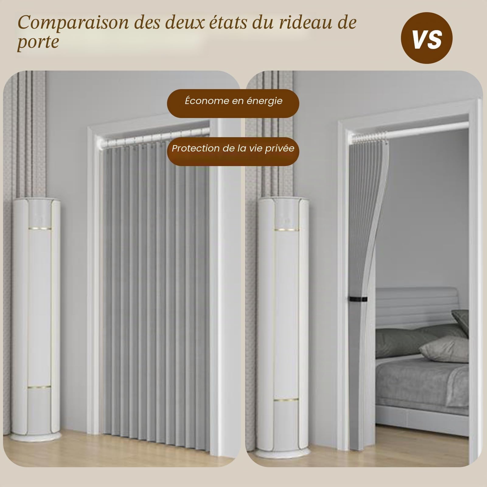 Rideaux Occultants Porte Interieur Lot de 1, Gris, 80x200cm | Rideau Separation Entrée Pliant Thermique Anti Froid pour Salon et Cuisine, 220g/m²