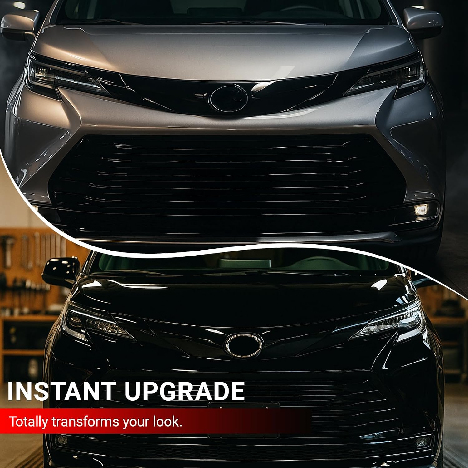 Front Grill Trim Chrome Delete fit for 2021 2022 2023 2024 2025 Toyota Sienna Accessories with Blackout Film Gloss Black Vinyl Wrap Overlay Kits