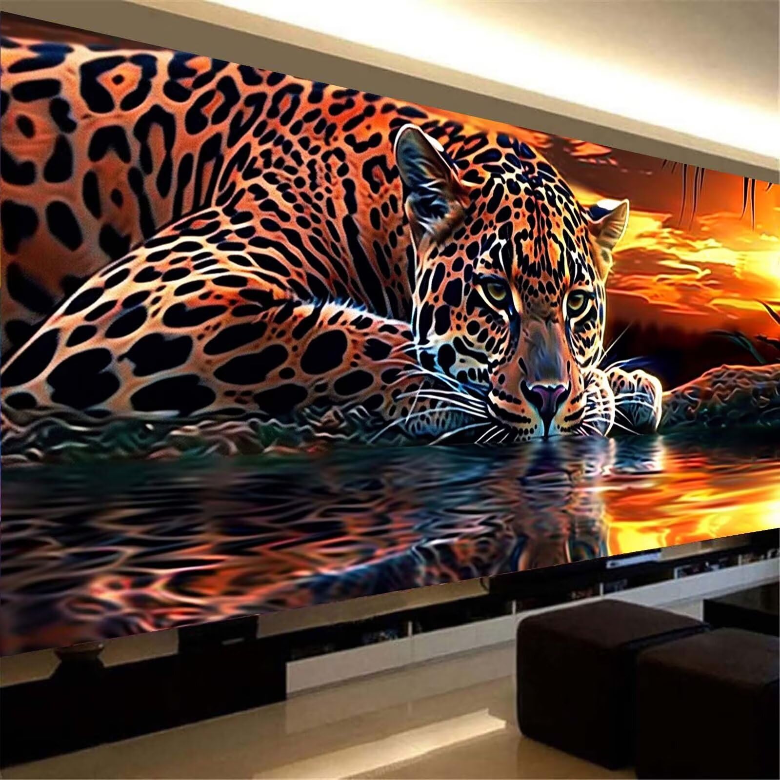 5D DIY Diamond Painting, Leopard Diamond Painting XXL Erwachsene Groß 100x233cm, Diamond Art Sonnenuntergang Diamant Painting Bilder Kinder Anfänger, Dimondpaintin Geschenke für Frauen, Wand Deko