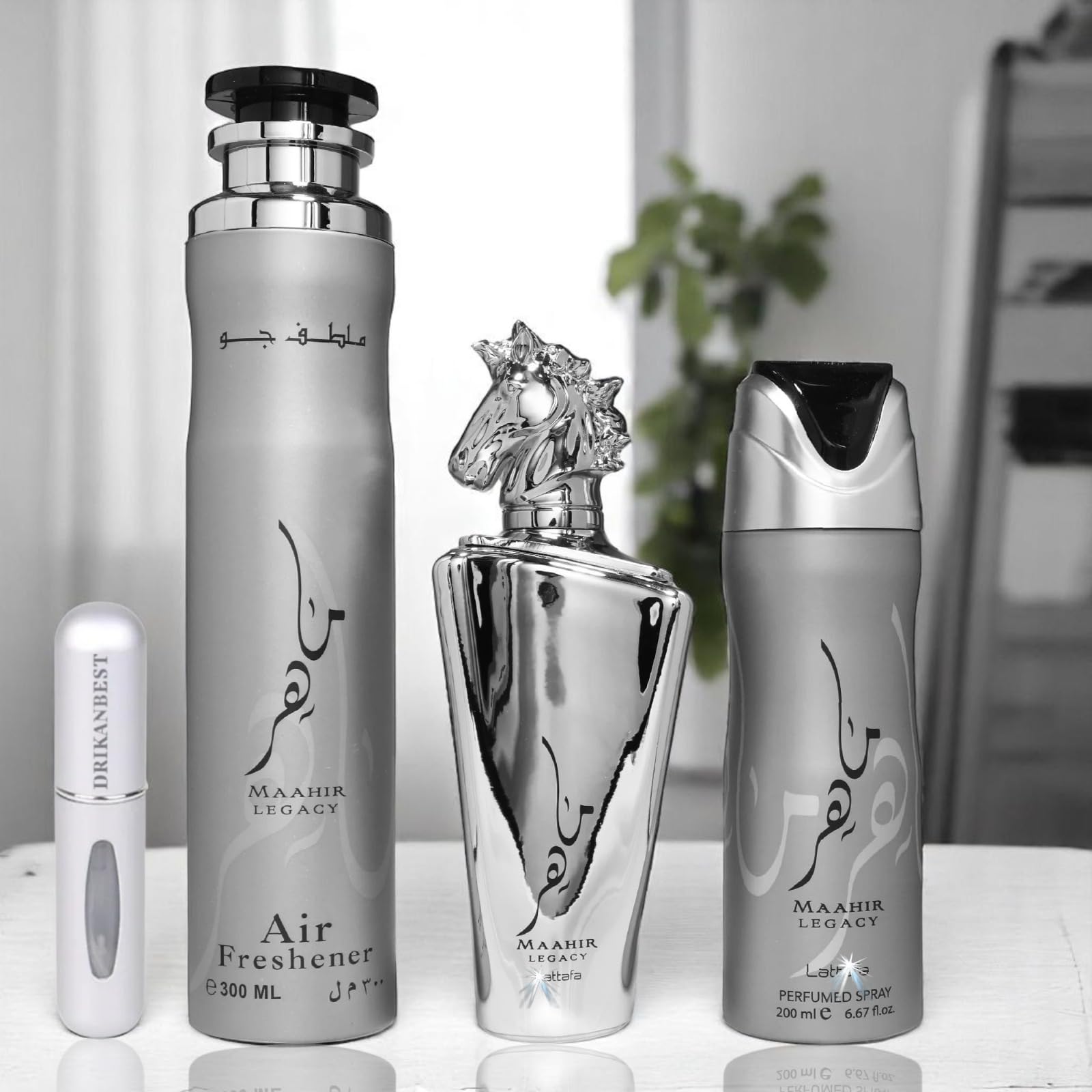 Set Maahir Legacy 3 Piezas – Perfume 100ml + Desodorante 200ml + Ambientador 300ml | Aroma Elegante y Duradero + Regalo Atomizador Recargable Drikanbest 5ml