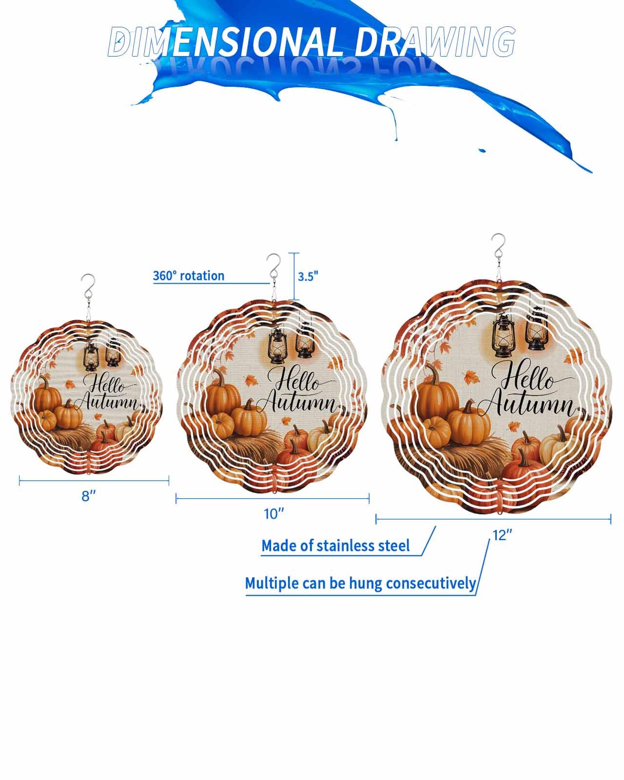 Hello Autumn Wind Spinners, Pumpkin Maple Leaf Linen Texture Hanging Wind Spinners for Yard and Garden 3D Stainless Steel Metal Sculptures Crafts Ornaments 10 Inch