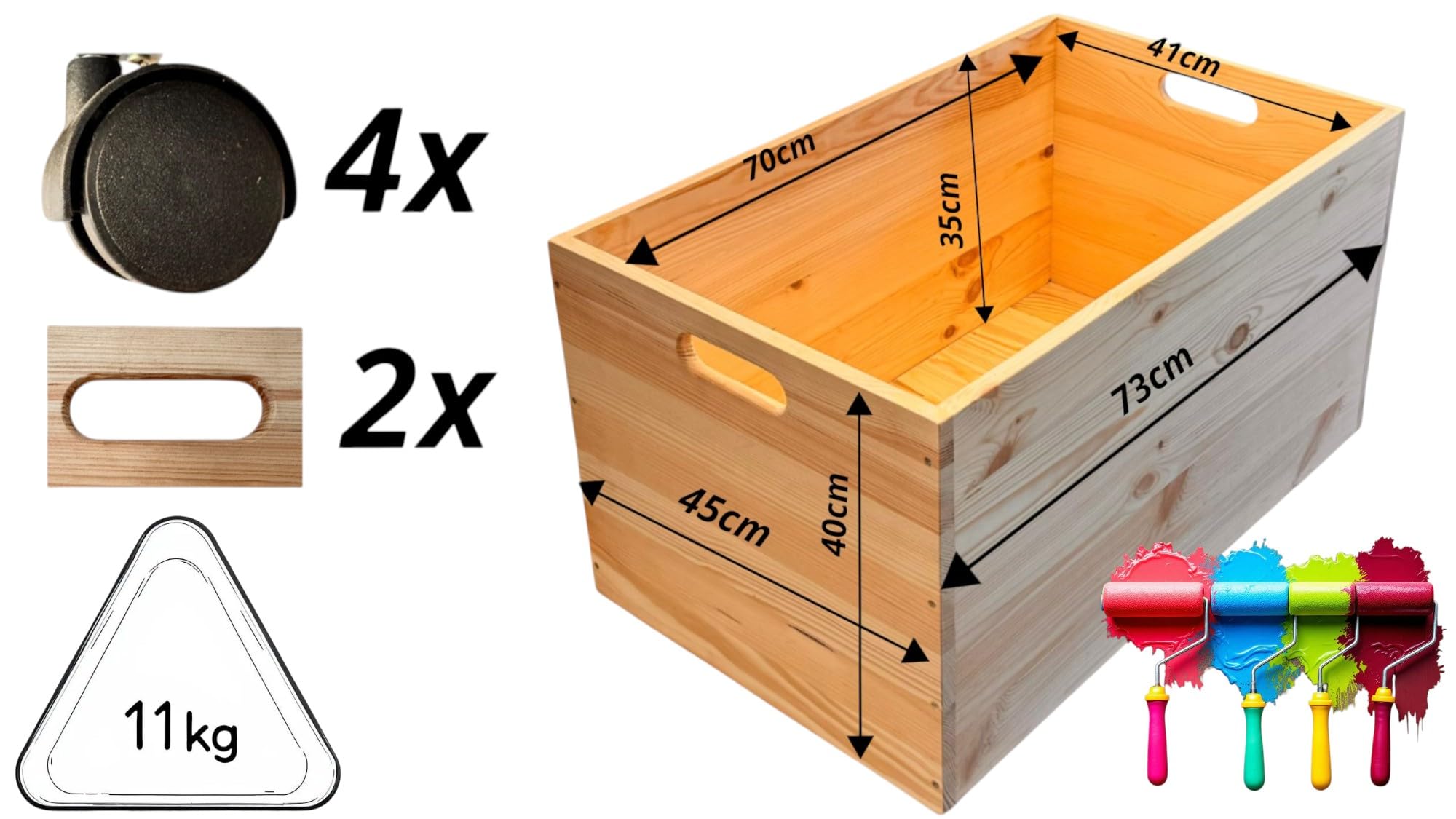 weeco Holz-Aufbewahrungstruhe mit Rollen, 73×45×40 cm, Kiefernholz, unbehandelt, Multifunktionale Lagerkiste für Kaminholz, Decken & Wohnaccessoires