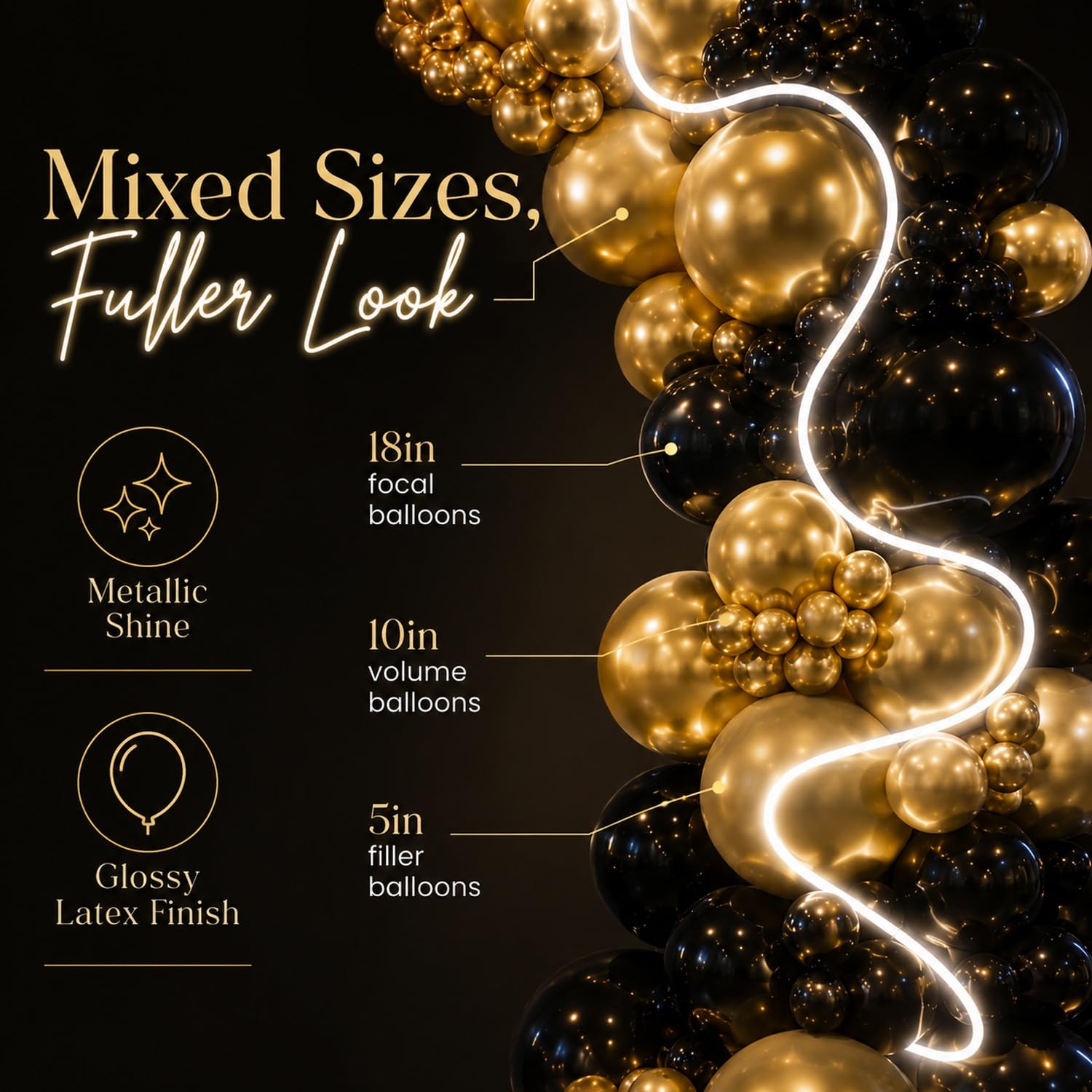 144 palloncini grandi neri e oro con striscia luminosa 45,7 cm, 25,4 cm, in lattice, per compleanno, pensionamento, matrimonio, Capodanno, laurea, baby shower, feste di sfondo, decorazioni