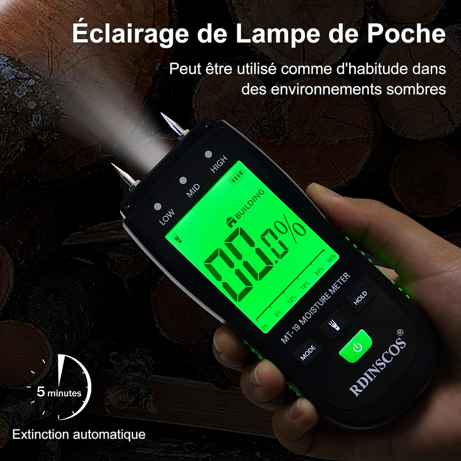 Testeur Humidité,RDINSCOS Testeur Humidité Bois avec Ecran LCD Détecteur d'Humidité pour Bois de Chauffage,Bois,Murs,Maçonnerie,Béton