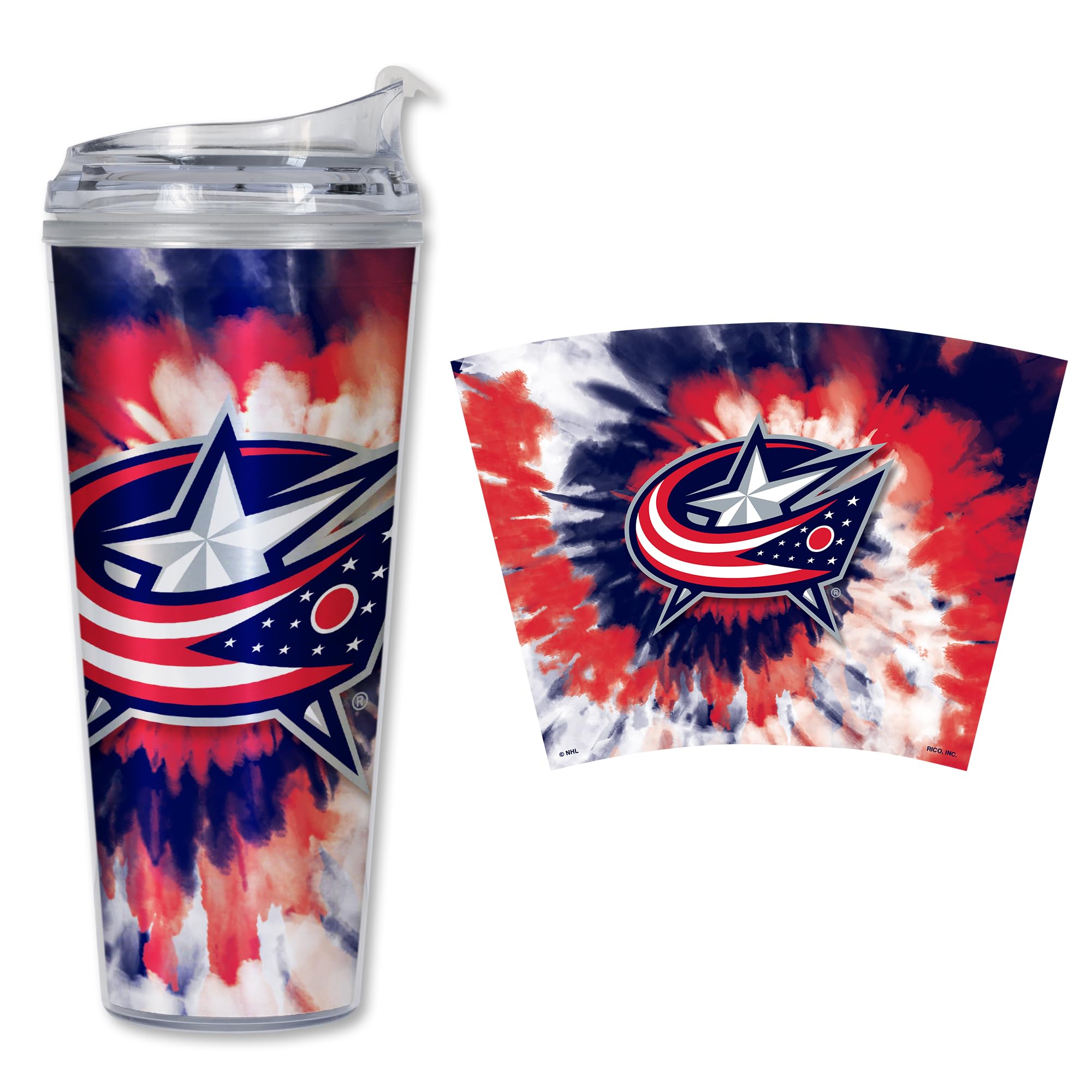 Rico Industries NHL Hockey Team Color Tie Dye 24oz Metallic Acrylic Tumbler with Hinged Lid, Officially Licensed Double Wall Tumbler with Straw