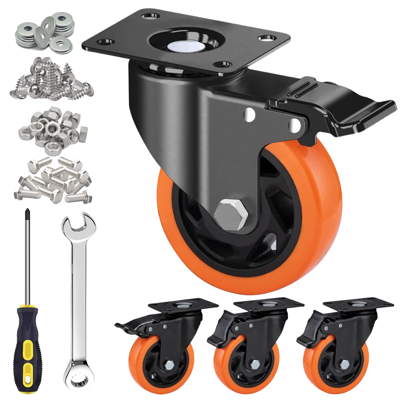 Photo 1 of 4 Inch Orange Heavy Duty Locking Caster Wheels Set of 4 – 2400LBS Total Capacity, PU Industrial Casters with Dual Brake for Workbench, Cart & Equipment – Heavy Duty Industrial Use Only