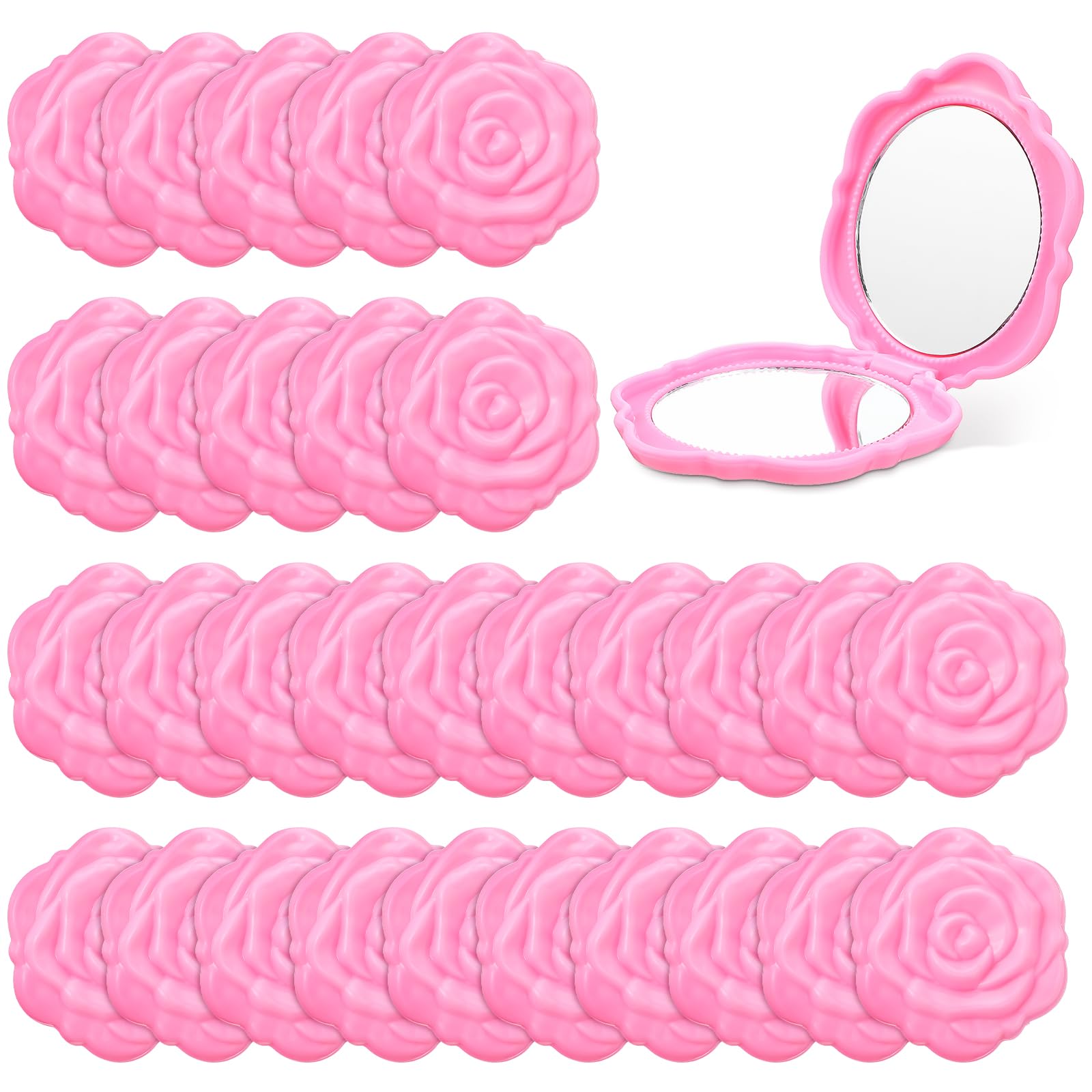 Kifmurase 30 Pcs Pink Compact Mirror Bulk Plastic Portable Foldable Rose Flower Shaped Makeup Mirror Handheld Pocket for Women Girls Bridesmaids Travel Wedding Tea Party