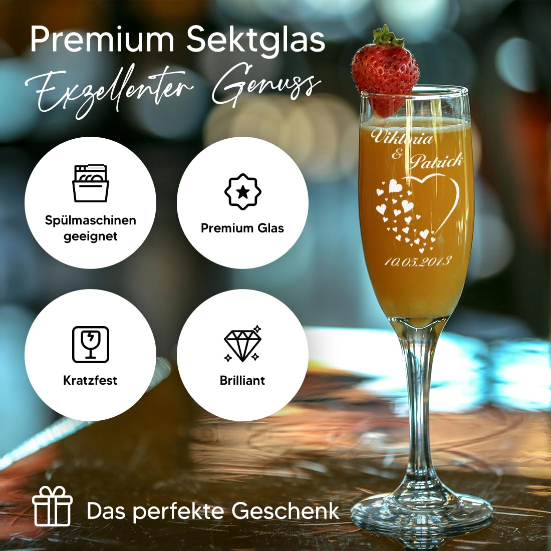 2er Set Sektgläser mit Gravur - Hochzeitsgeschenke für Brautpaare - Gläser für Sekt mit Personalisierung - Geschenkidee zur Hochzeit, Hochzeitsgläser für Paare - Herz mit vielen kleinen Herzen