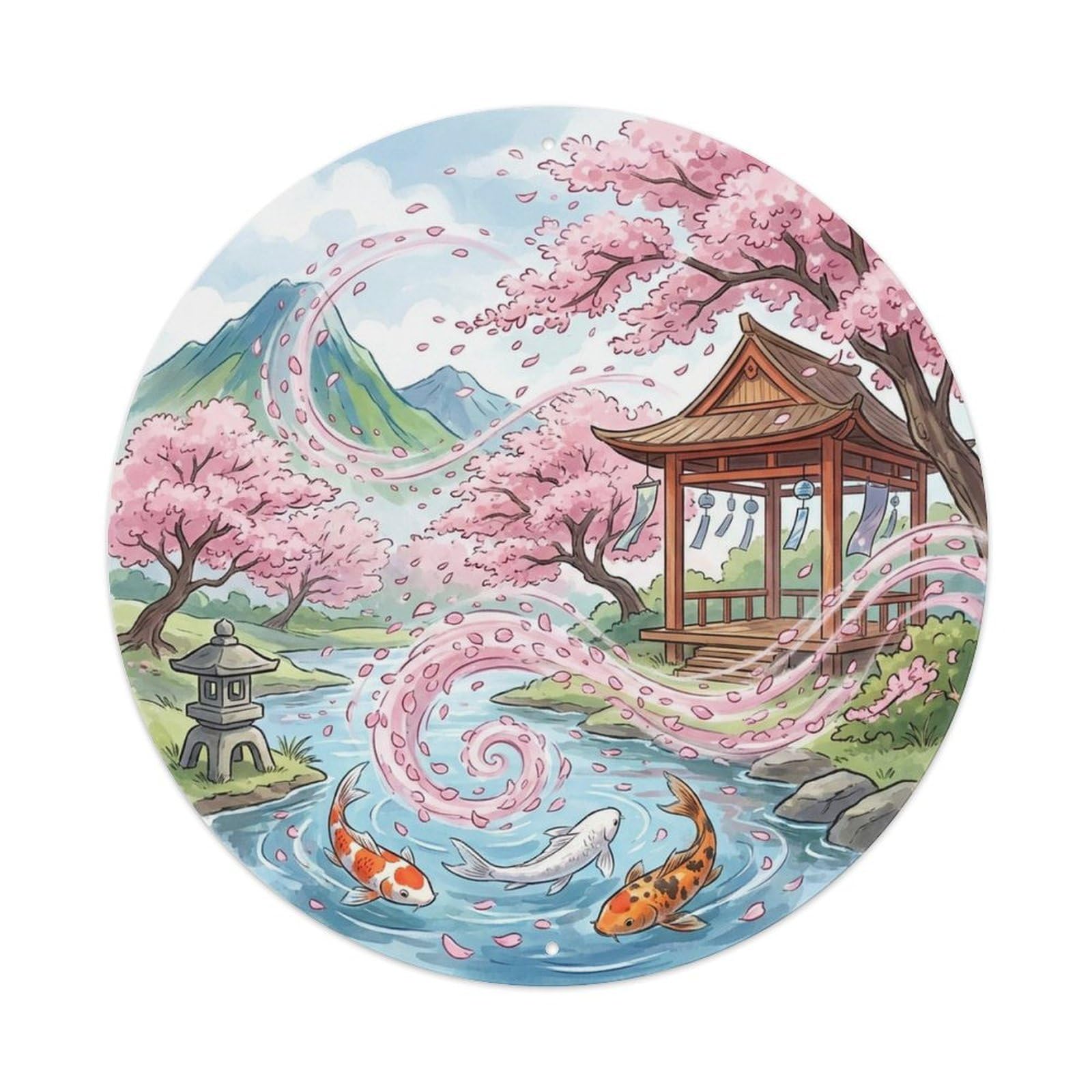 Spring Petals Breeze Flying Japanese Koi Garden Water Metal Tin Sign Plaque Wall Decor for Cafe, Man Cave, Club Bar, Office, Home Garden Round Metal Poster 8x8Inch