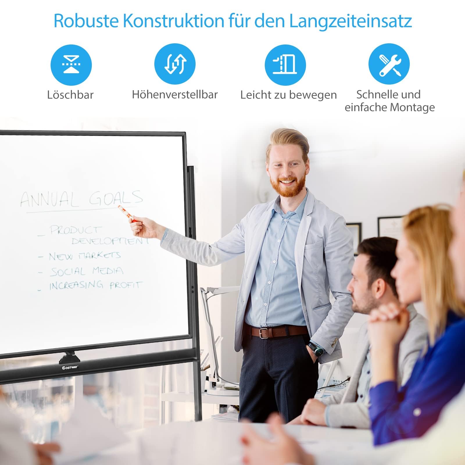 COSTWAY mobiles Whiteboard mit Ständer, 90 x 120 cm, Doppelseitige Magnettafel Höheverstellbar & 360° drehbar, magnetische Weißtafel mit Rollen, Whiteboard Abwischbar Beschreibar inkl. Zubehör