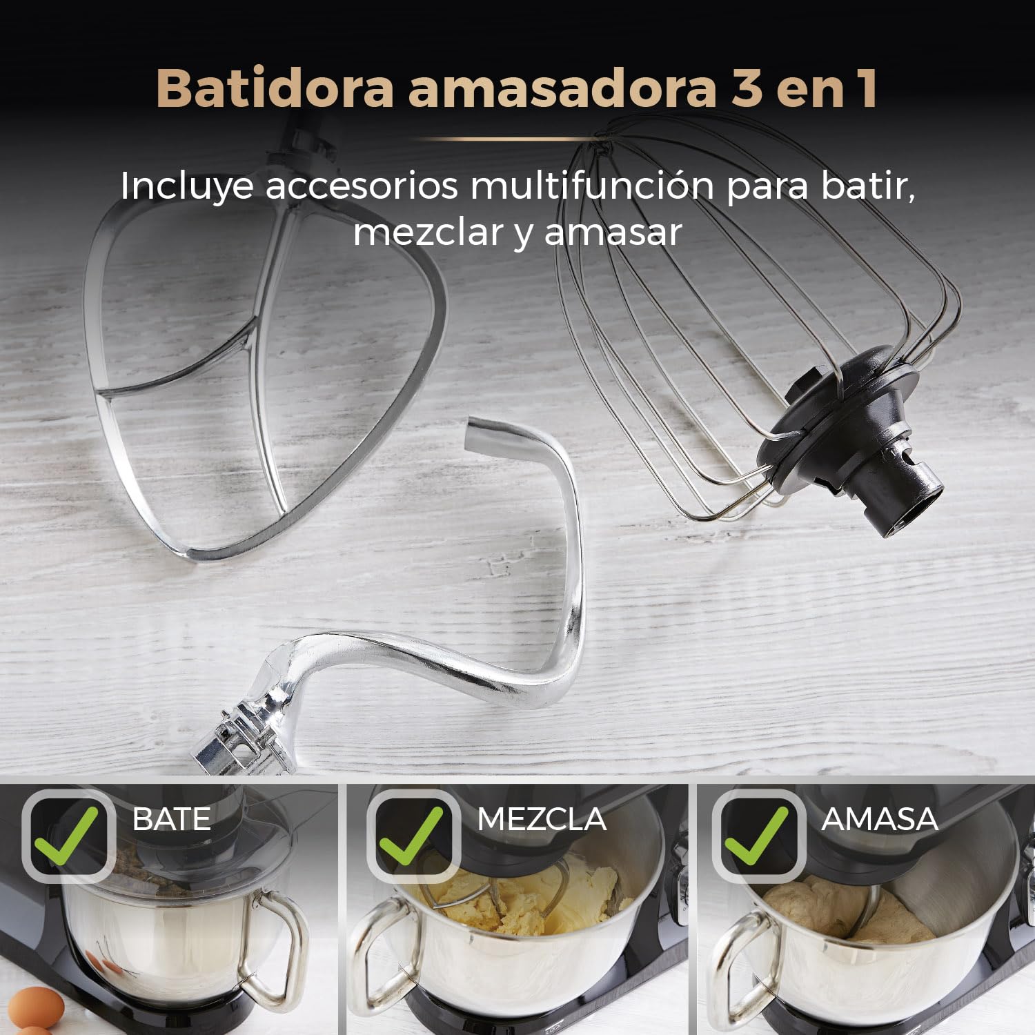 Tower T12033RG Batidora Amasadora 3 en 1 – Amasadora de Repostería de 6 Velocidades y Ajuste por Pulsaciones – Amasadora de Pan 1000 W, Negro y Oro Rosa