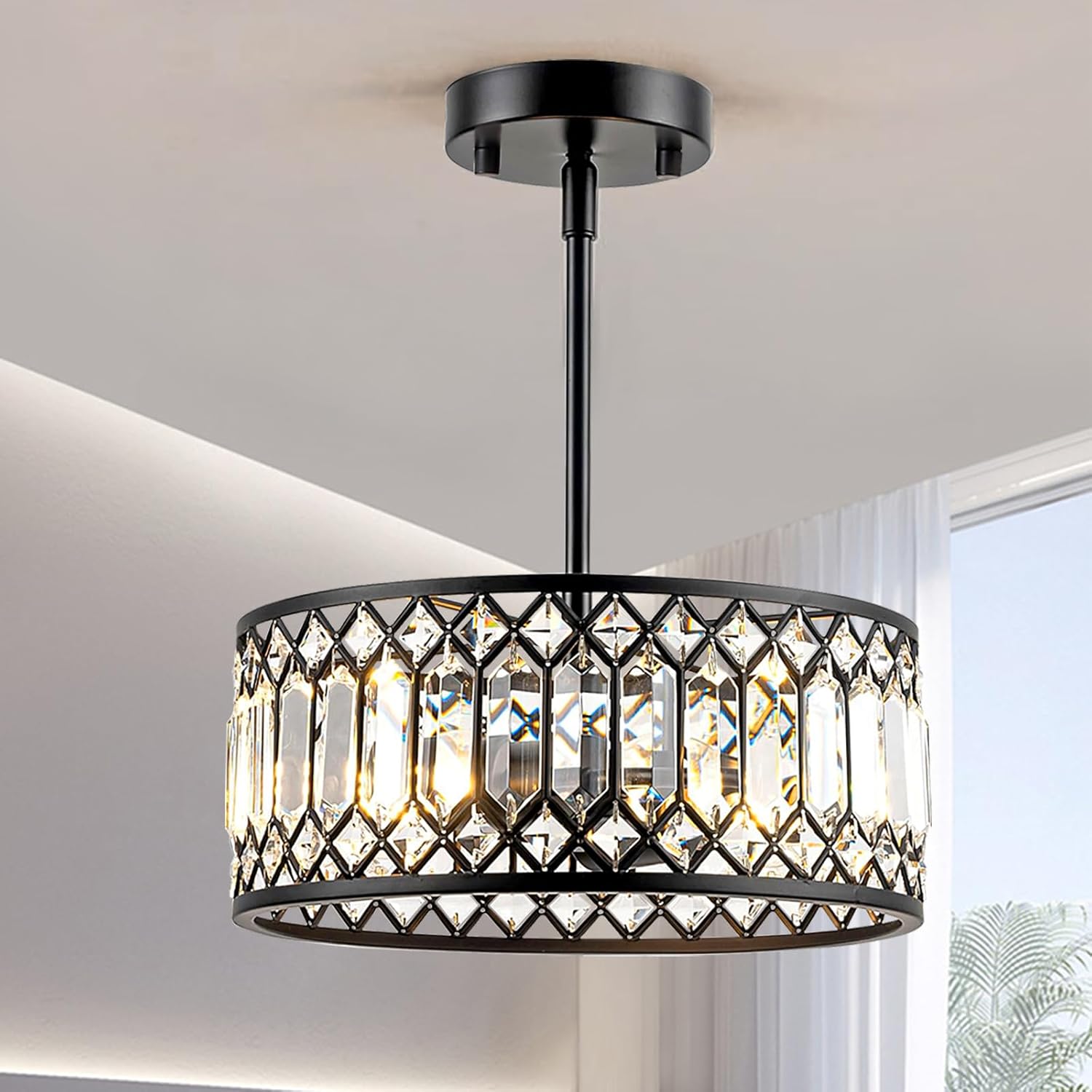 Crystal Ceiling Lights 12 Inch Modern Semi Flush Mount Ceiling Light Fixture,Farmhouse Rustic Black Chandelier for Bathroom Corridor Entrance Kitchen Dining Room Living Room Foyer(3 Light)