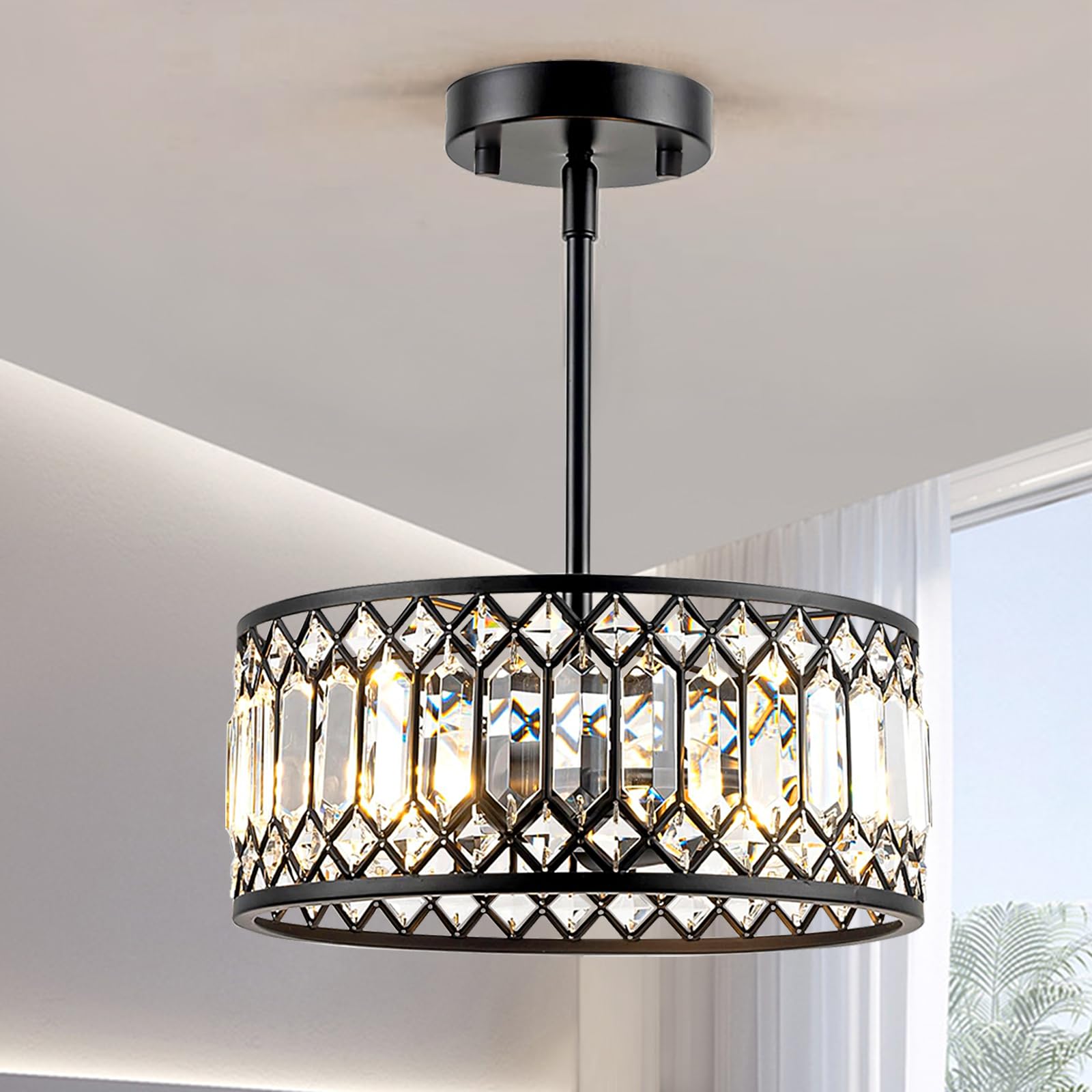 Wuhuyipi Crystal Ceiling Lights 12 Inch Modern Semi Flush Mount Ceiling Light Fixture,Farmhouse Rustic Black Chandelier for Bathroom Corridor Entrance