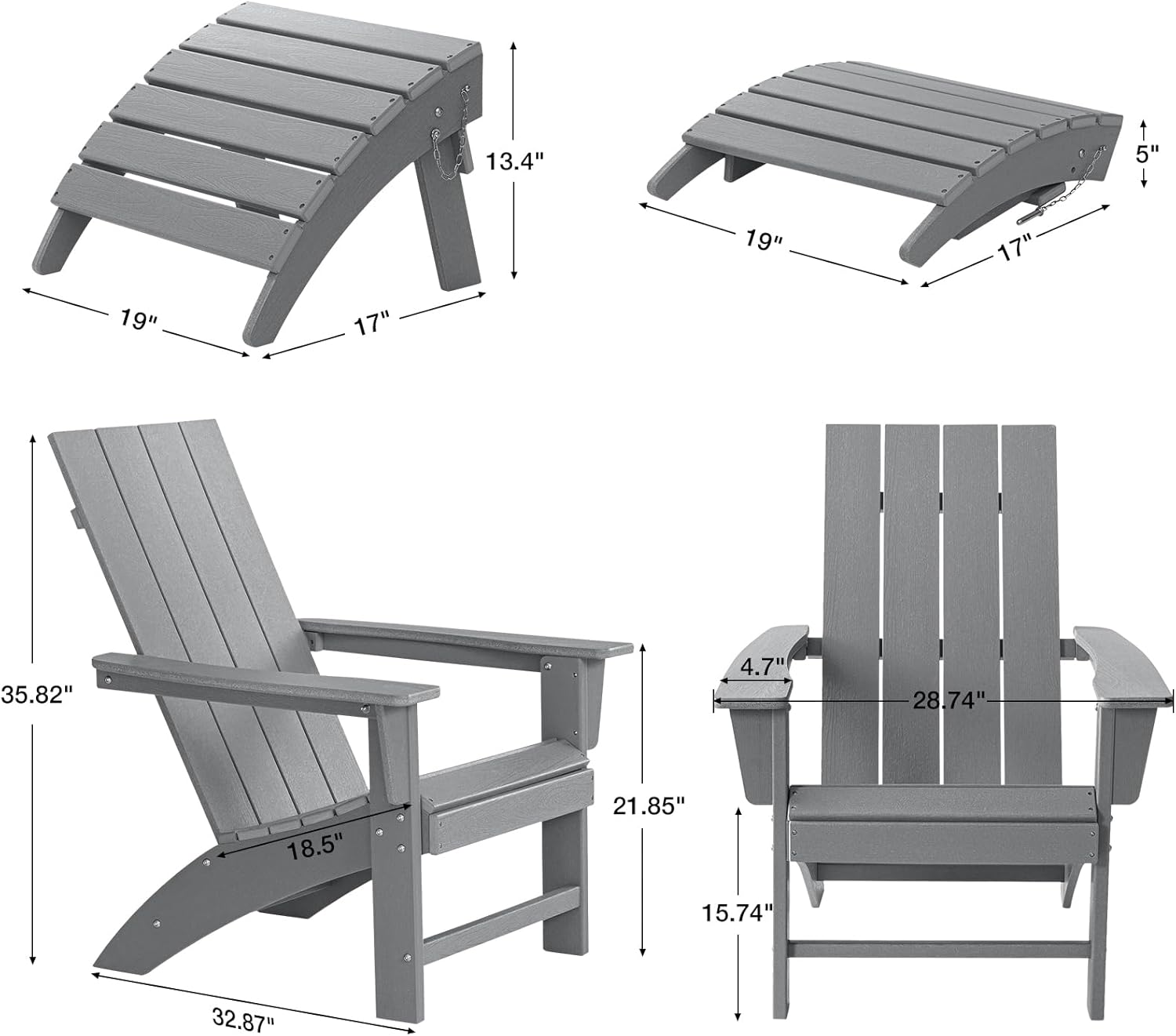 Adirondack Chair with Ottoman Weather Resistant Fire Pit Chairs with Footrest HDPE Outdoor Adirondack Chair for Patio Front Porch Pool Garden Deck Fire Pit Outside, Light Grey