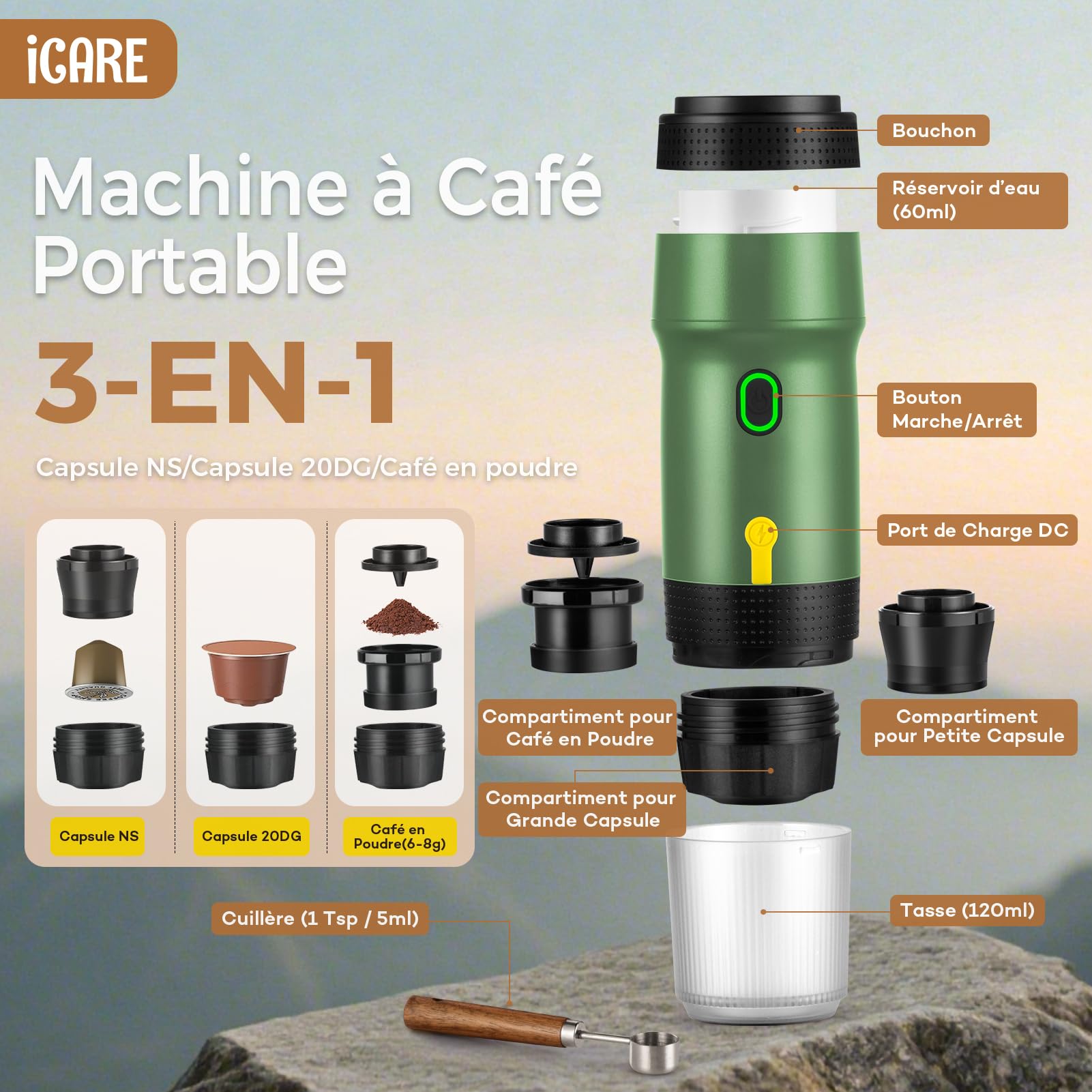 ICARE Cafetiere Portable, Expresso Machine a Cafe 3-en-1, 20BAR Pression, Extraction à 92°C, Batterie 7500mAh, Charge USB/Voiture, pour Capsules et Café Moulu (Vert)