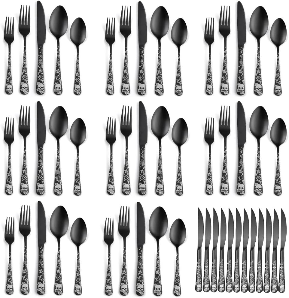 52 Piece Skull Pattern Matte Silverware Set with Steak Knife for 8, Black Flatware set Service for 8,Gothic Unique Skull Pattern Design,18/0 Stainless,Satin Finish Cutlery for 8,Dishwasher Safe