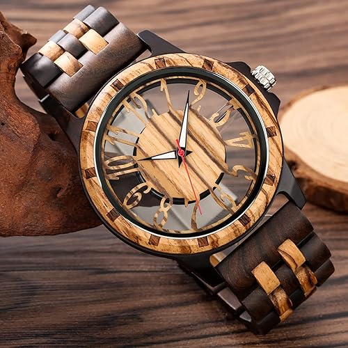 Miniatura 4 de Brown Deep Black Ebony Zebra Reloj de cuarzo de madera para hombre, correa de madera con cierre plegable para hombres