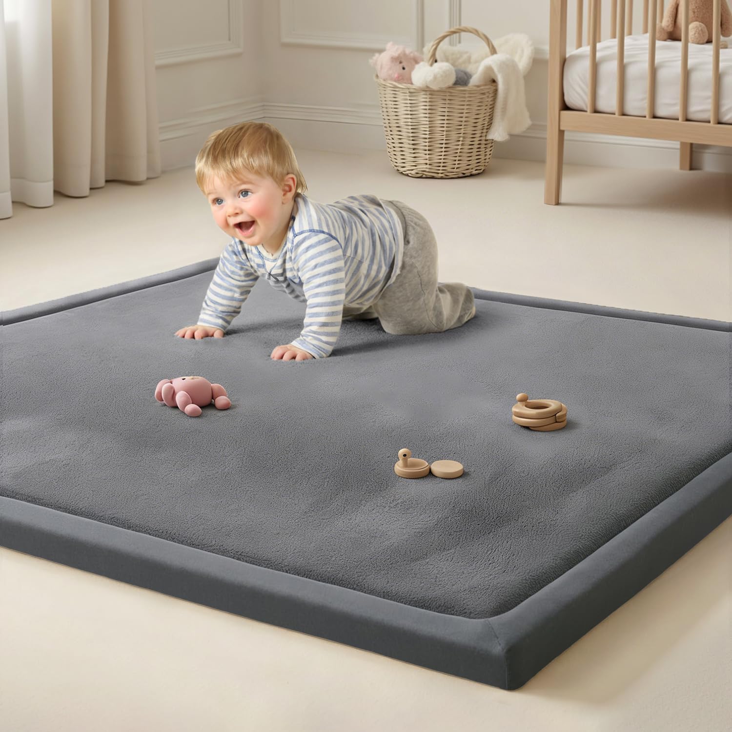 Photo 1 of Goyuu Soft Baby Play Mat for Floor, 50x50 Playpen Mat Elasti-Foam Padded 1.3" Thick Crawling Nursery Mat, Non-Slip Backing for Toddlers Infant, Water-Repellent Coral Velvet Tummy Time Mat