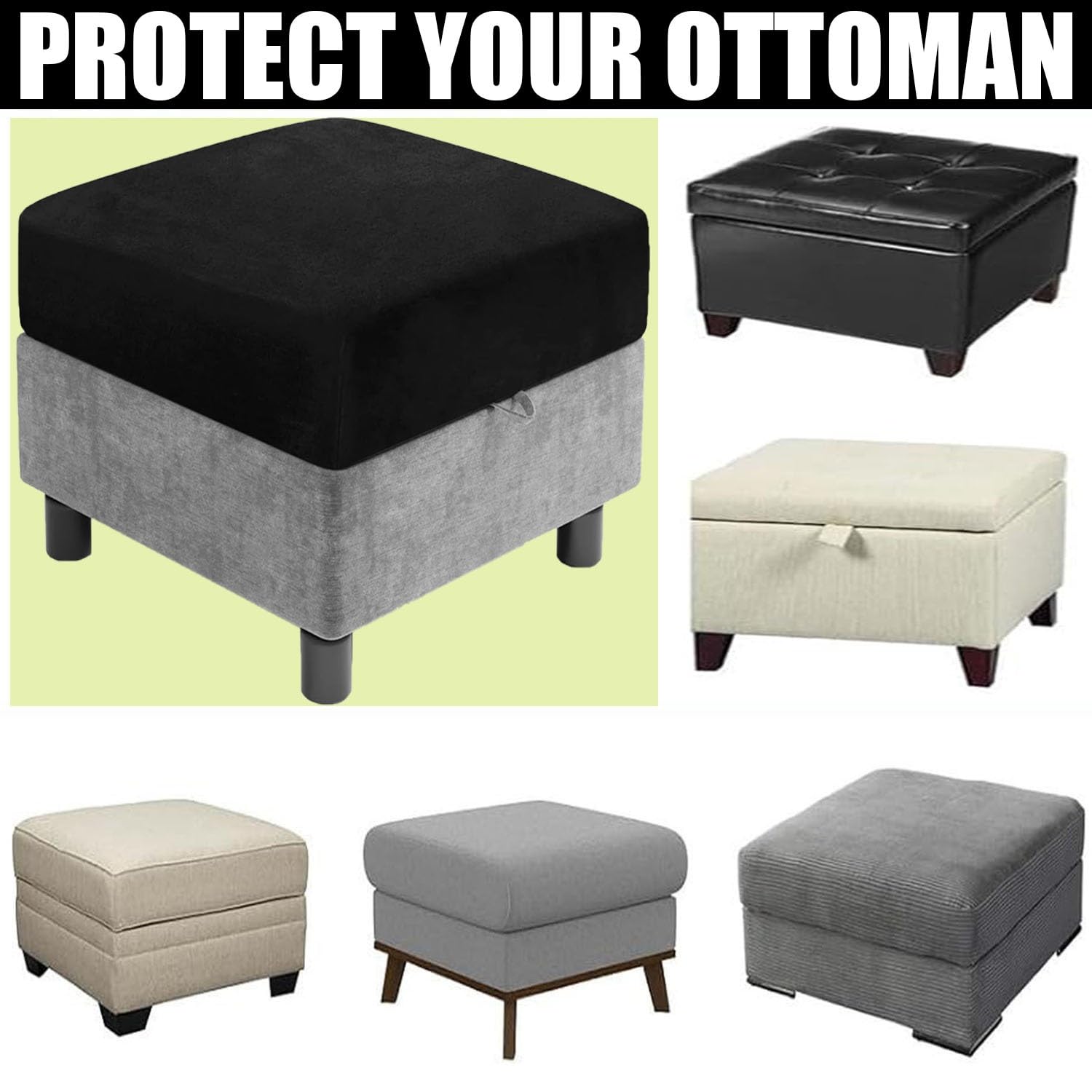 Housse De Pouf Carrée Extensible En Jacquard - Housse De Pouf Lavable - Housse De Pouf Carrée Avec élastique En Bas - Noir - Moyen | Haute Qualité Et Prix