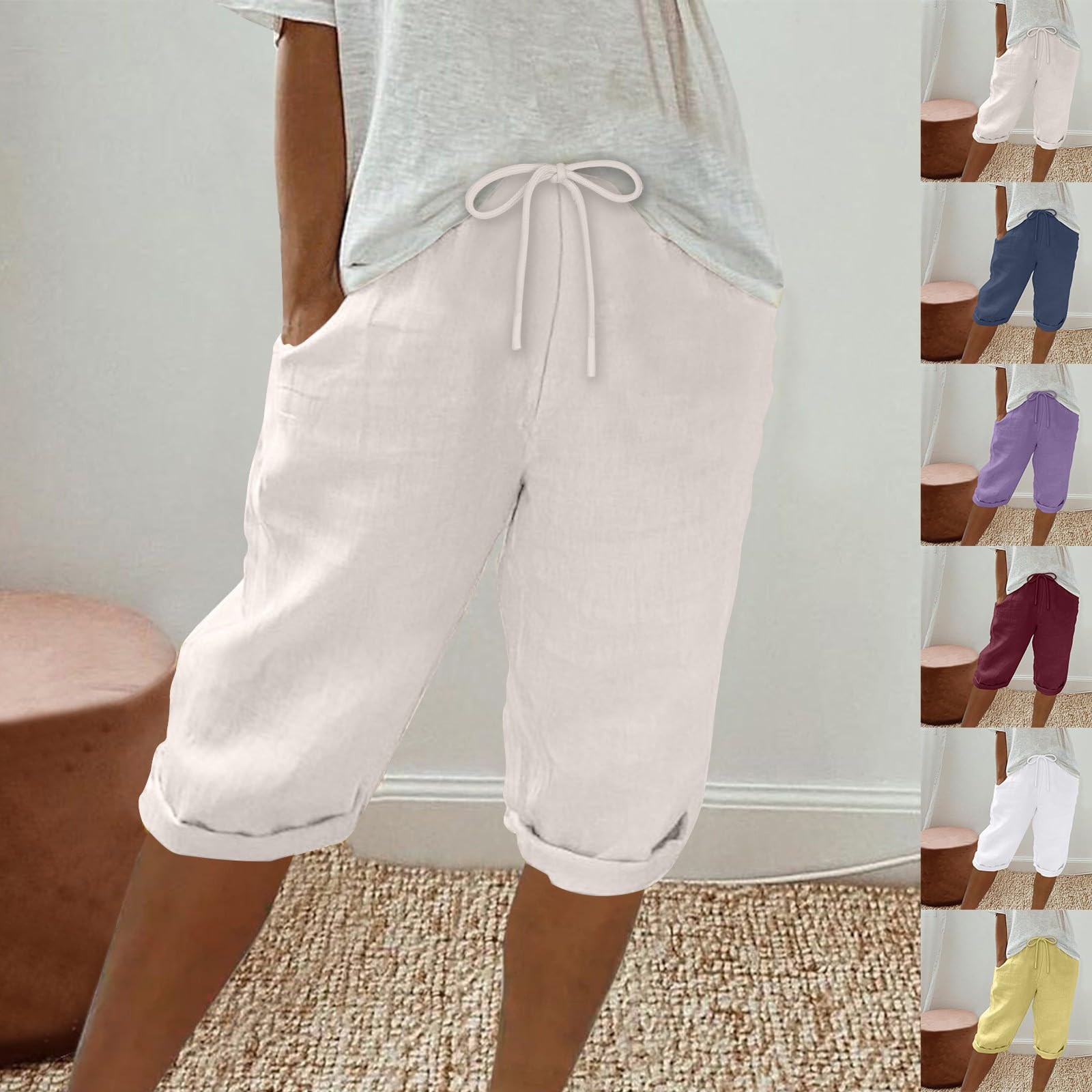 EMATOP Kurze Leinen Hose Damen Sommer Baumwolle Shorts Freizeit Einfarbig Strandhose Bequeme Elegant Stoffhose Lässige Outdoor Musselin Hosen mit Taschen Caprihose Leicht Lustig Freizeithose