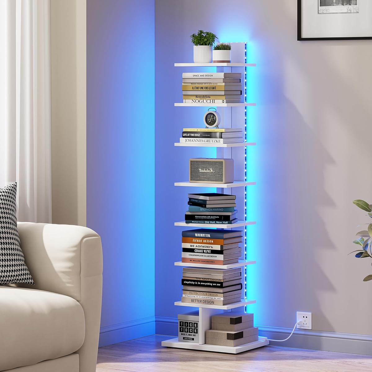 TUTOTAK Estantería para libros, estantería de lomo estrecho, estantería de 8 niveles con luces LED | Estante esquinero vertical independiente de 10,4 x 13,4 x 47,5 pulgadas para sala de estar, oficina, espacio pequeño, blanco BS06BW008L