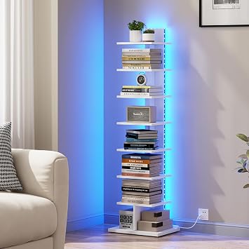 TUTOTAK Book Shelf, Narrow Spine Bookshelf, 8-Tier Bookcase with LED Lights | 10.4 x 13.4 x 47.5 Inches Vertical Freestanding Corner Shelf for Living Room, Office, Small Space, White BS06BW008L