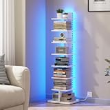 TUTOTAK Narrow Bookshelf, 8-Tier Bookcase with LED Lights, Spine Book Shelf for Small Space, Corner Standing Shelf for Living Room, Office, Study, Entryway, White BS06BW008L