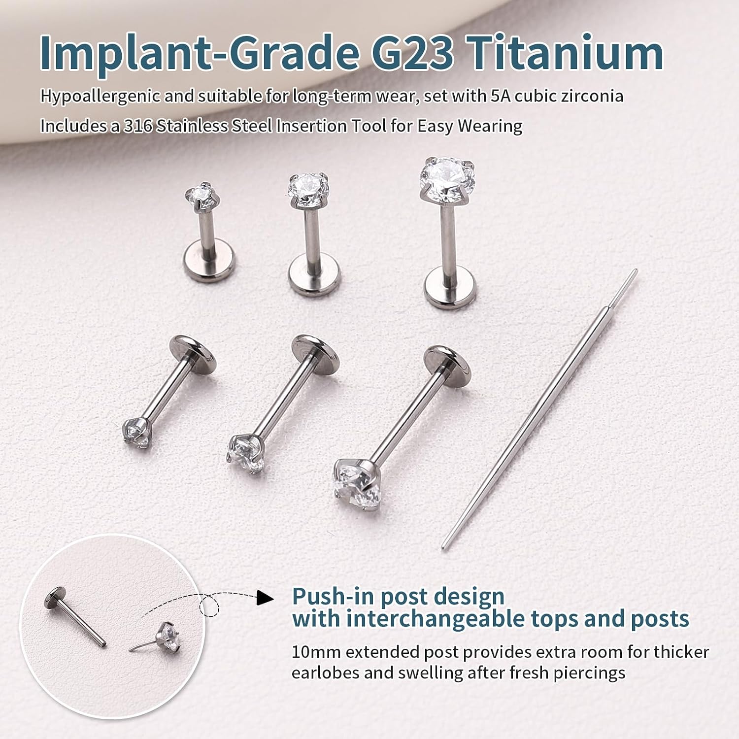G23 Titanium Flat Back Stud Earrings, 20G 18G 6/8/10mm Threadless CZ Helix Tragus Conch Cartilage Labret Lip Piercing Jewelry, 3 Pairs Hypoallergenic for Women