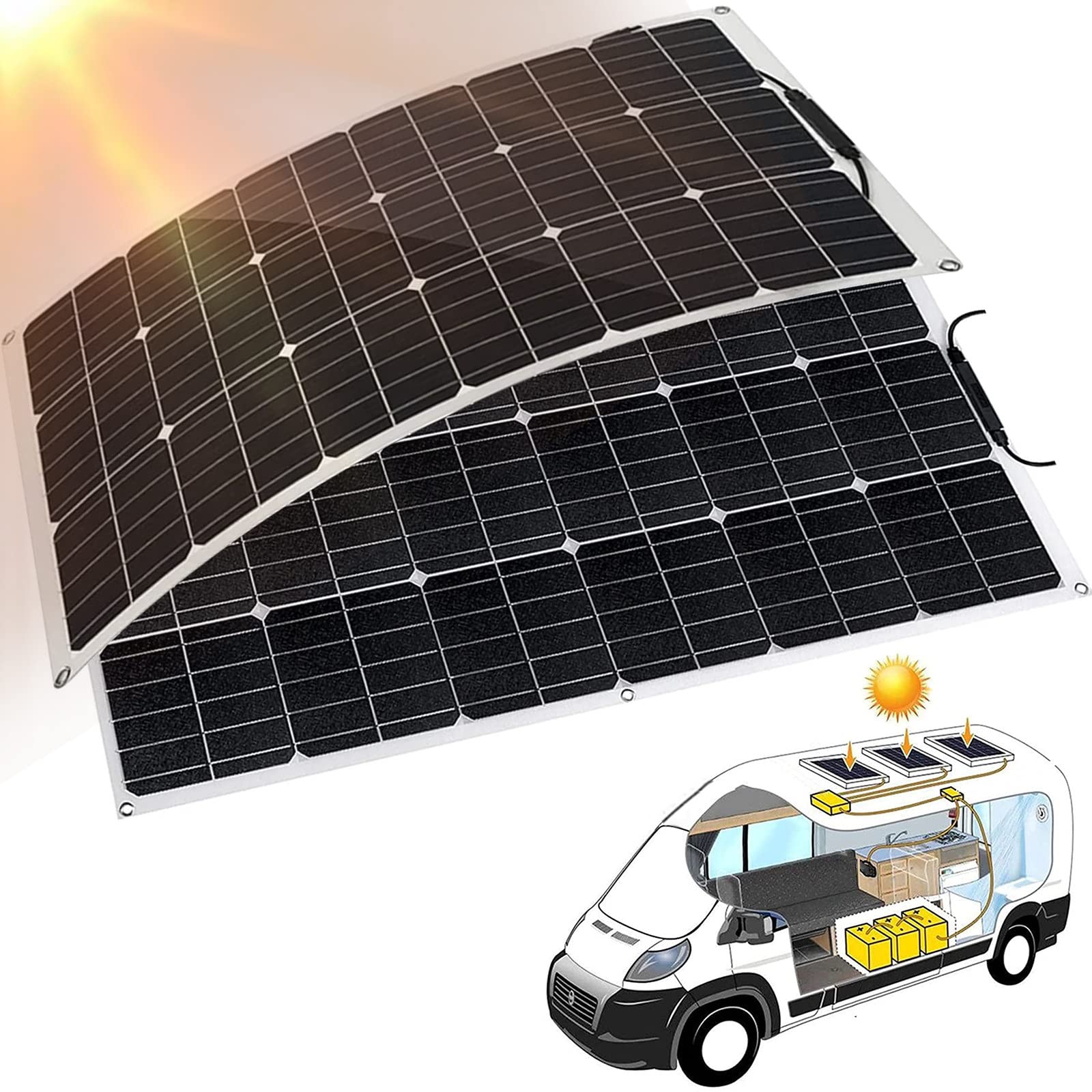 Kits de Paneles Solares de 2 Piezas, Panel Solar Monocristalino Flexible de 600 W, Kits Solares y EóLicos para Fuera de La Red para El Hogar, Camping, AutomóViles, Casas MóViles, Barcos