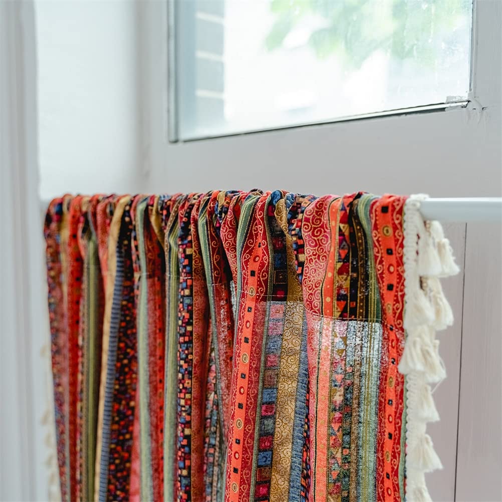 ACMHNC Zazdrostka w stylu vintage, boho, do kuchni, w stylu wiejskim, bistro, bawełna, len, krótka firanka z frędzlami, do kawiarni, do salonu, dekoracja okienna, 1 sztuka, czerwona, szer. x wys. 150 x 180 cm