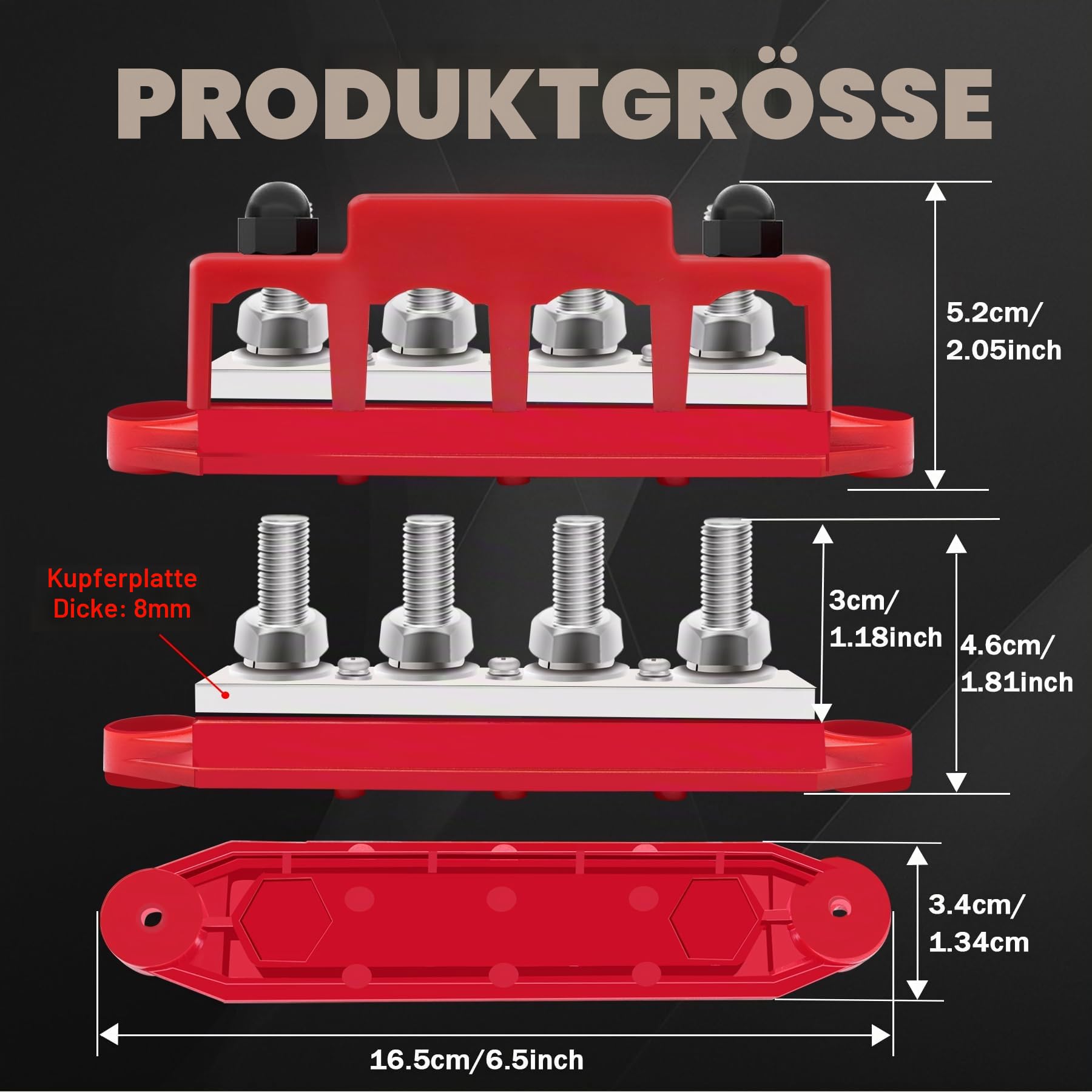 400 A Sammelschiene, 12 V, 3/8 Zoll Stromverteilerblock, Automobil-Sammelschienenklemme, Batterie-Bussstange (Paar, rot und schwarz), 4 x 3/8-Zoll-Pfosten, 3 x #8-Schraubklemmen