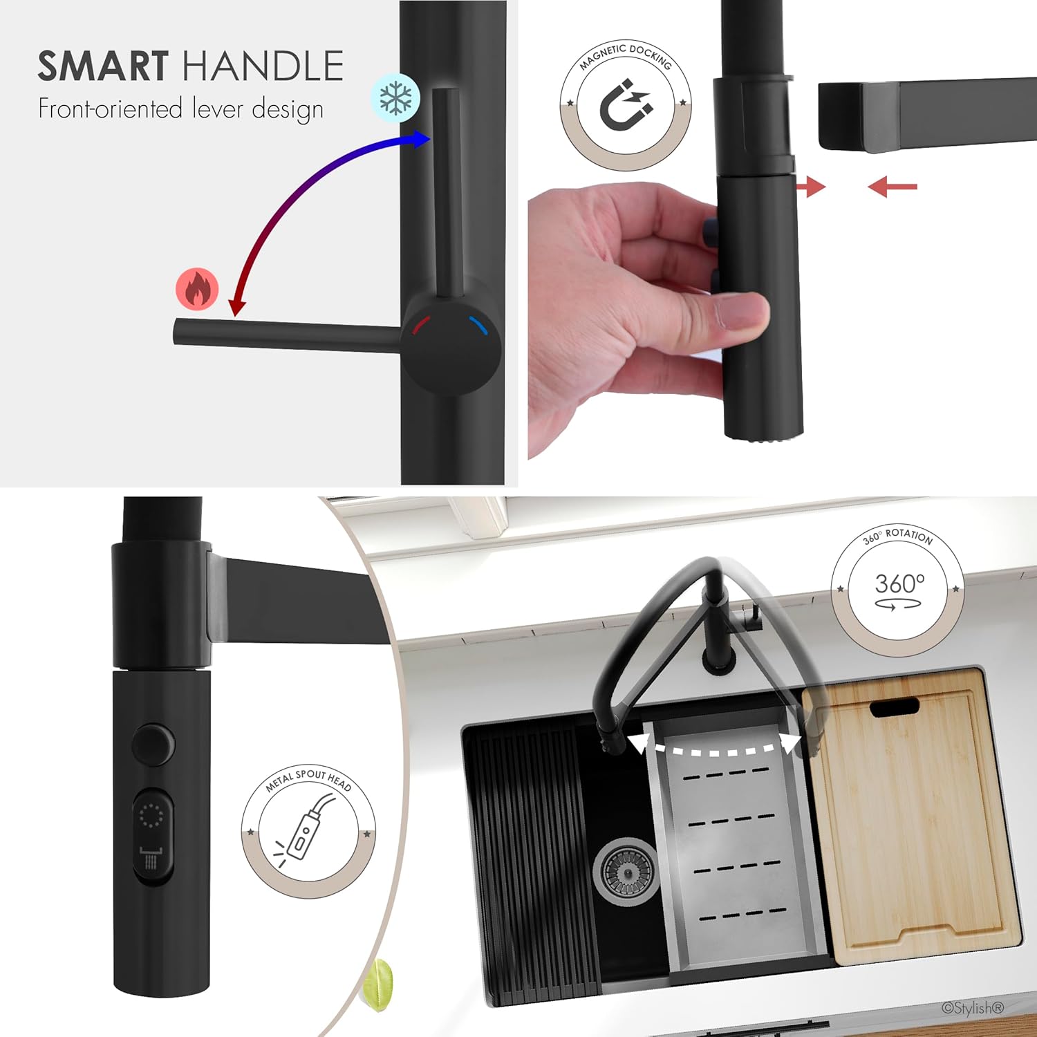 Stylish Pull Out Kitchen Faucet with 3 Function Srayer Single Handle Stainless Steel Black Kitchen Faucet with Silicone Hose, Ceramic Cartridge and Aerator, K-140N