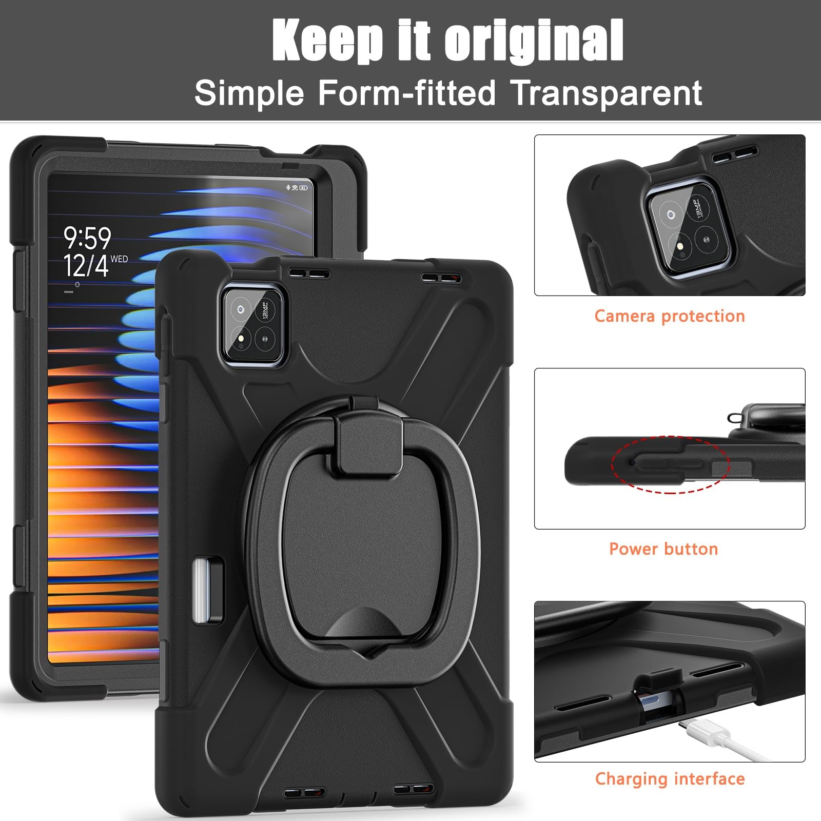 Custodia protettiva per tablet Custodia resistente for Xiaomi Pad 8 / Pro | Antiurto, cavalletto girevole a 360°, tracolla e tracolla, copertura robusta, for versione 2025 da 11,2"(Siyah)
