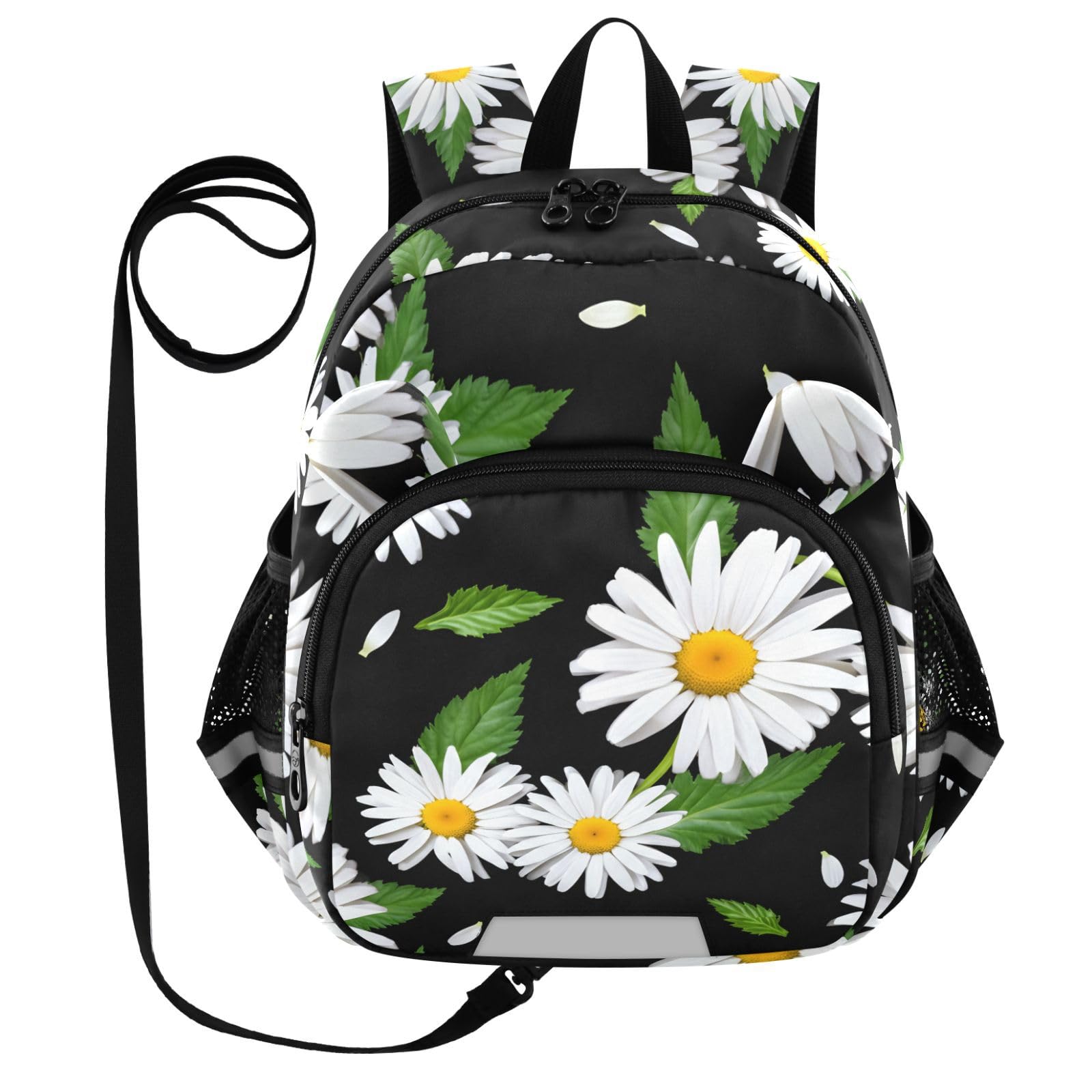 Daisy Leaf Black Toddler Harness Backpack for Boys Girls 3-6 Years Kids Backpack with Anti Lost Safety Leash Baby Harness Bookbag for Walking Travel Preschool
