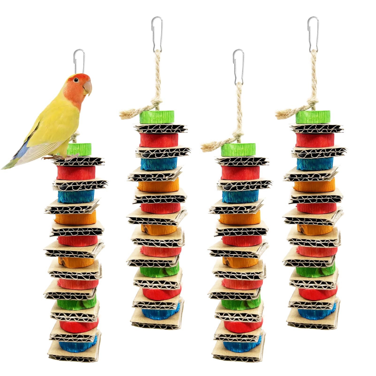 4 Pack Small Bird Chews Toy Natural Cardboard Wood Parrot Chewing Cage Hanging Toys for Conures Parakeet Cockatiel Budgies Love Birds Canary