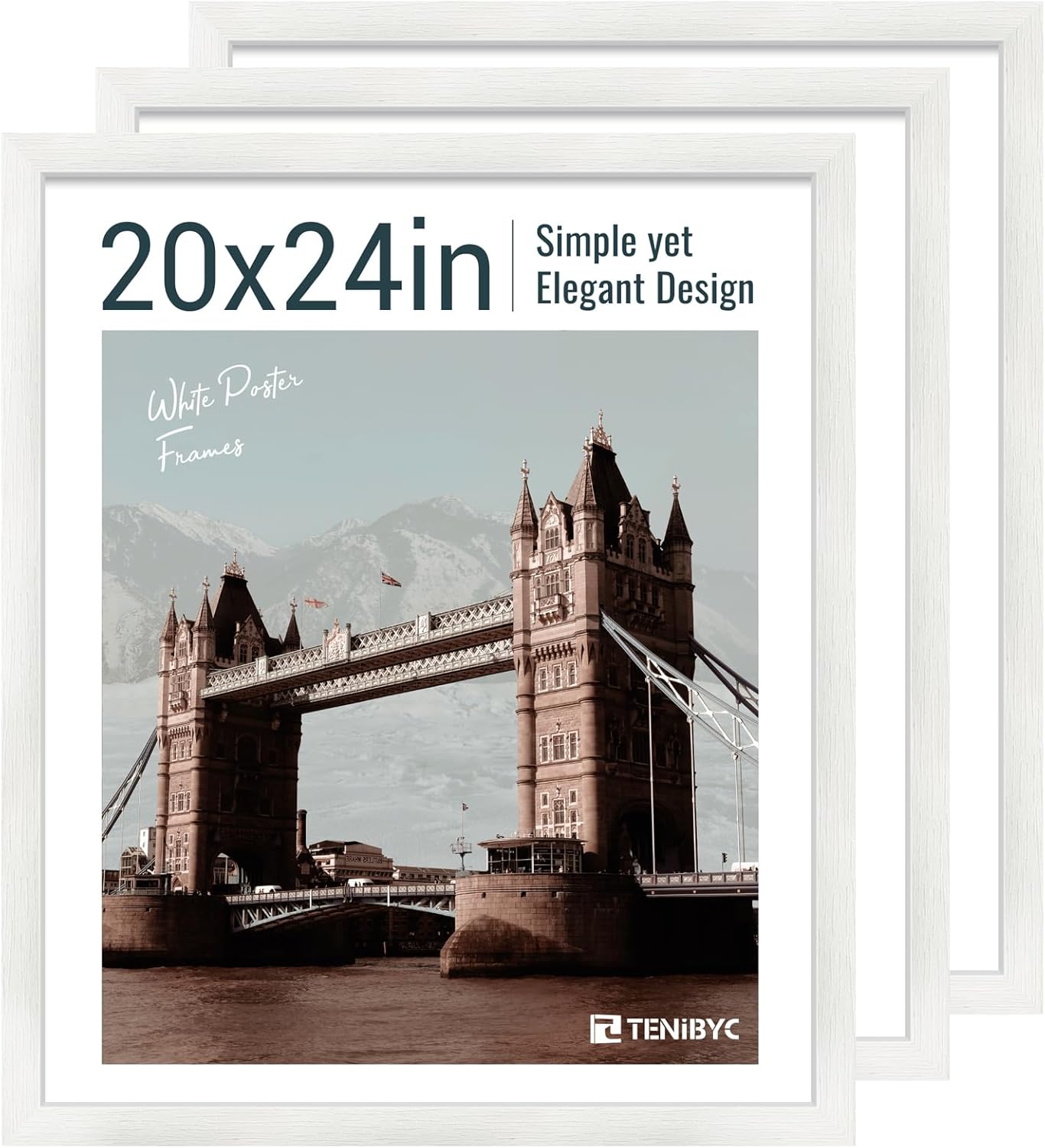 20x24 Picture Frame Set of 3, Textured White Solid Wood Poster Frame, Wall Gallery Frame White 20 x 24